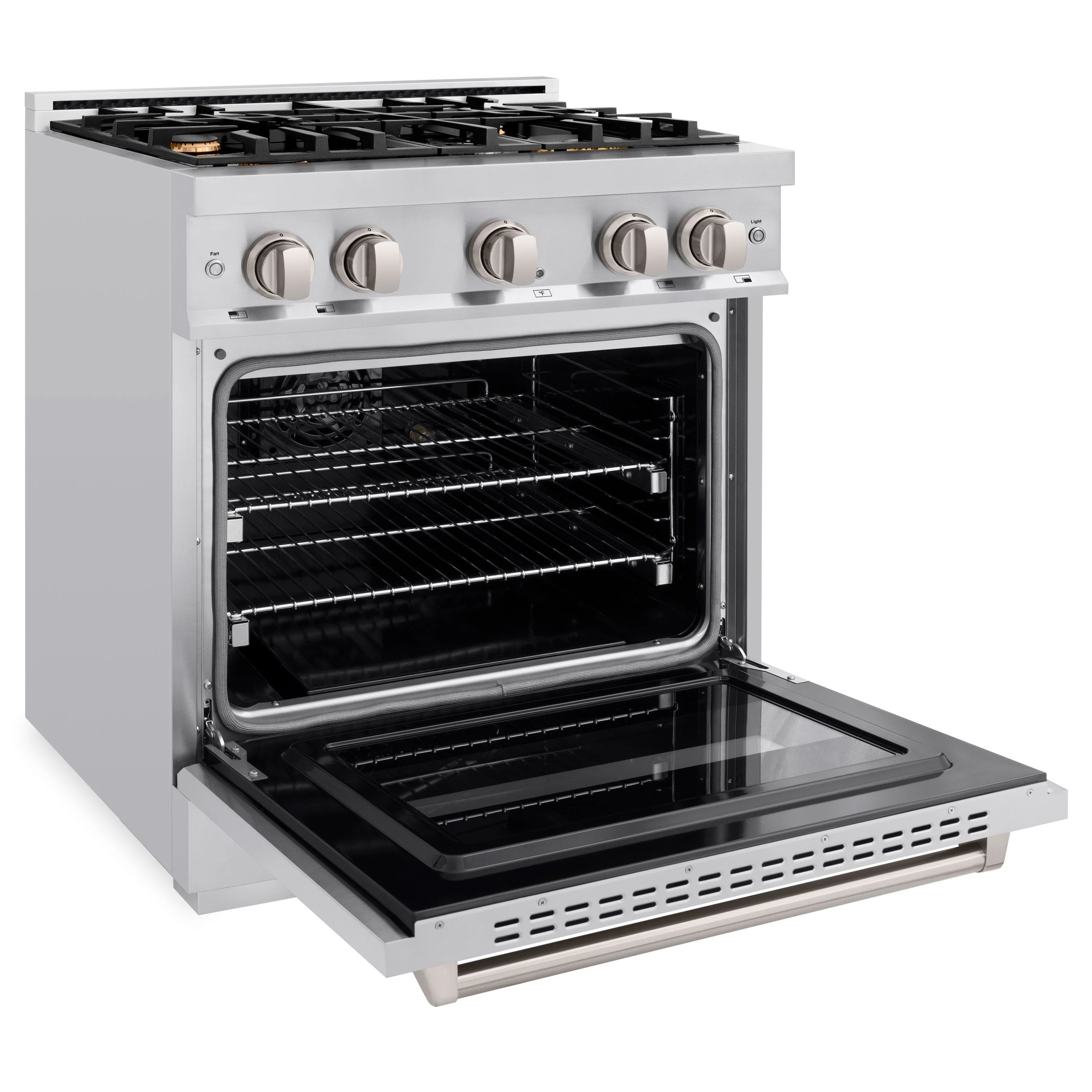 Stainless steel gas range with open convection oven door and four burner grates