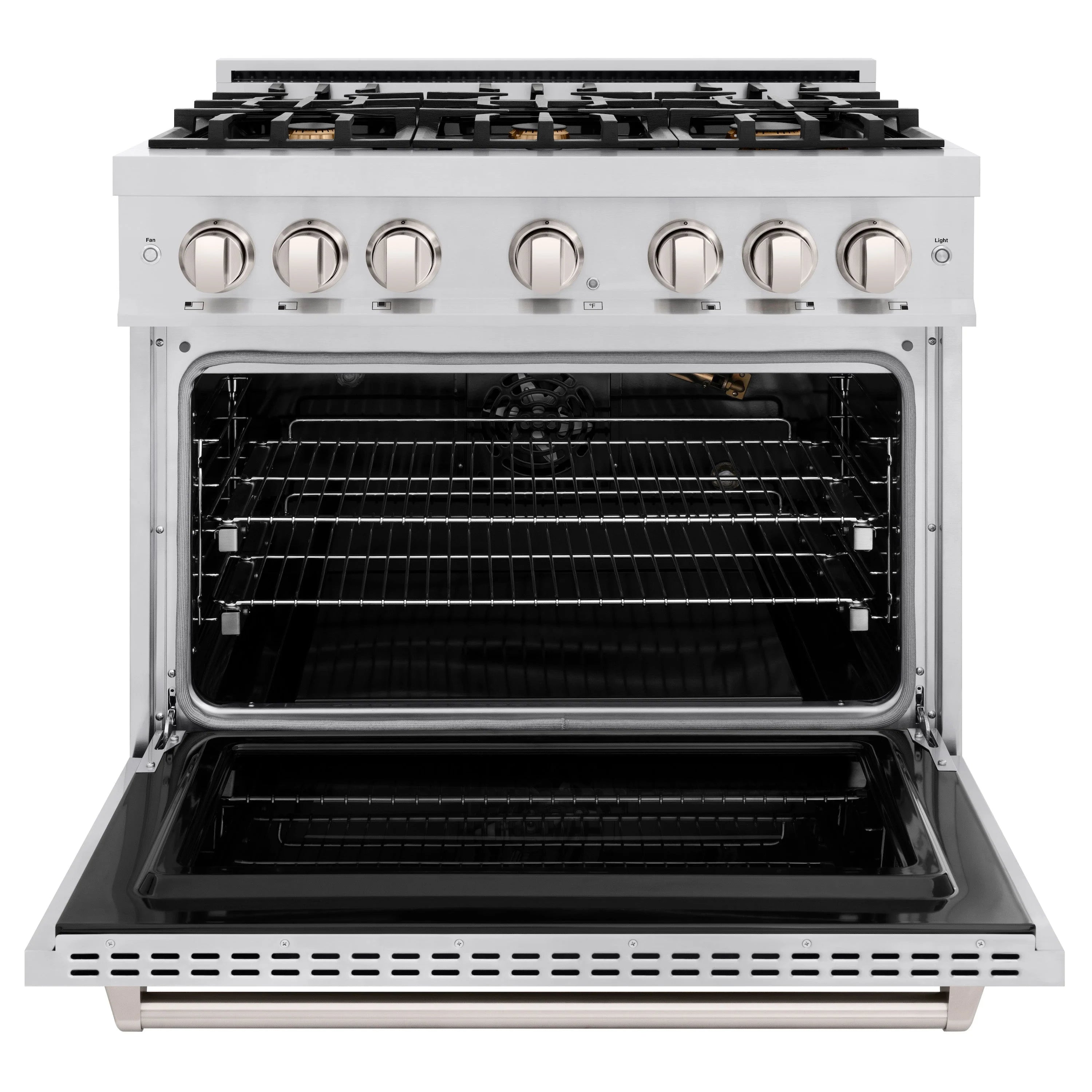 Stainless steel gas convection oven with open door, wire racks, and black interior