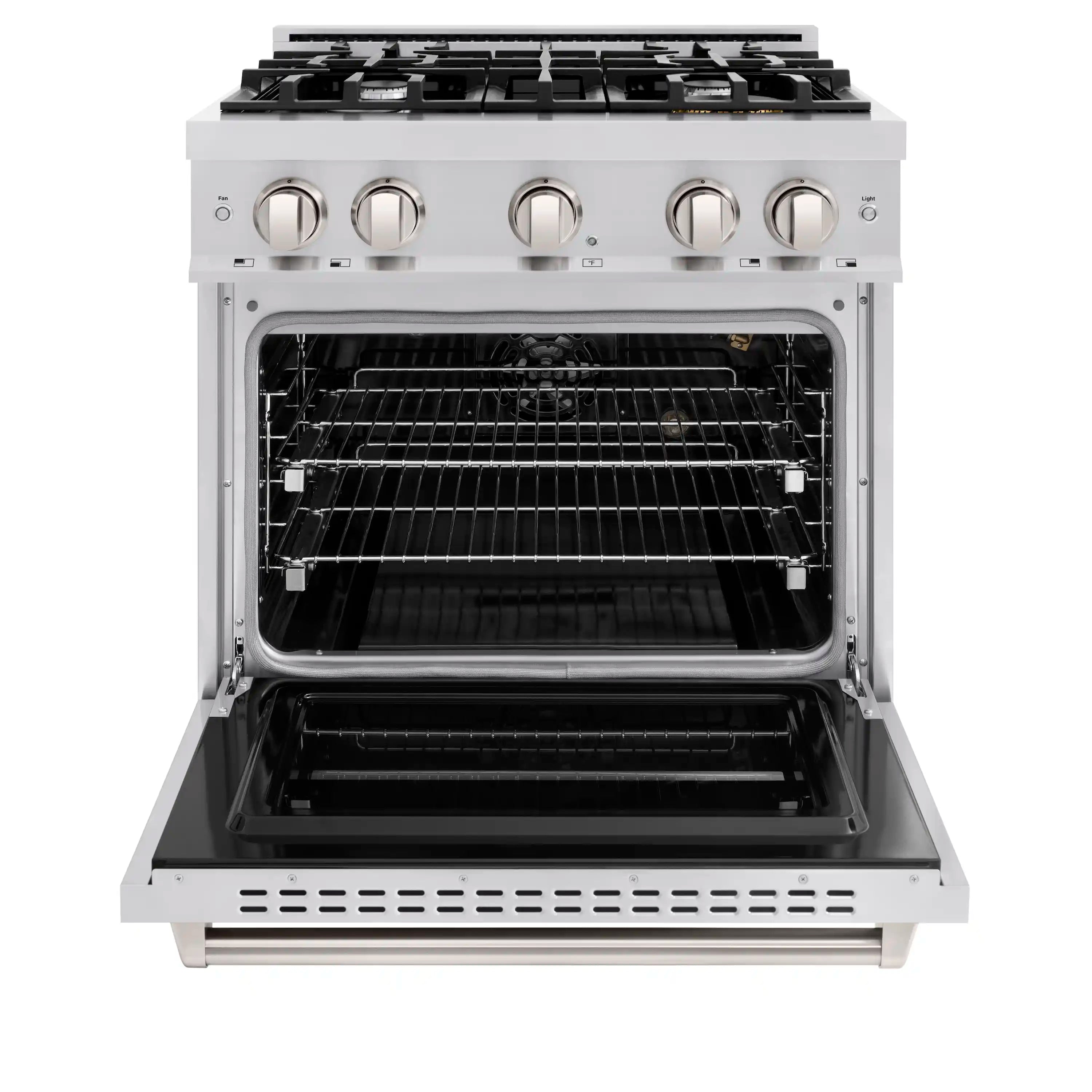 Stainless steel gas range with oven door open and baking racks inside