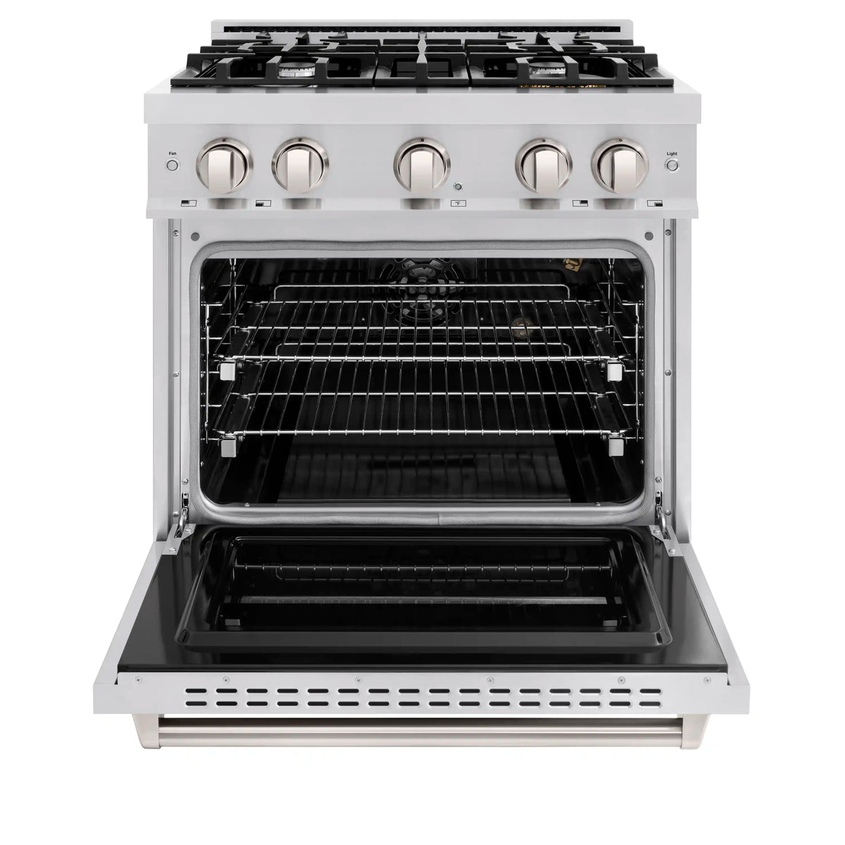 Stainless gas range with open oven door and baking racks inside
