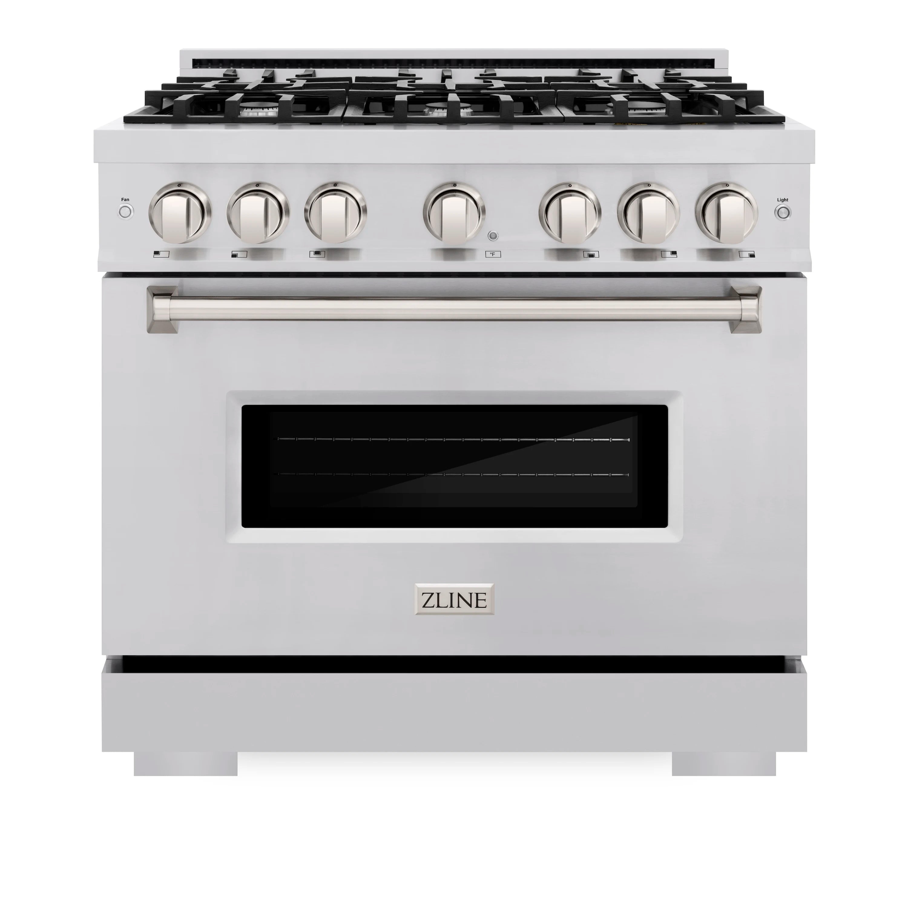 Stainless steel gas range with front view, six burner knobs, and a black oven door window