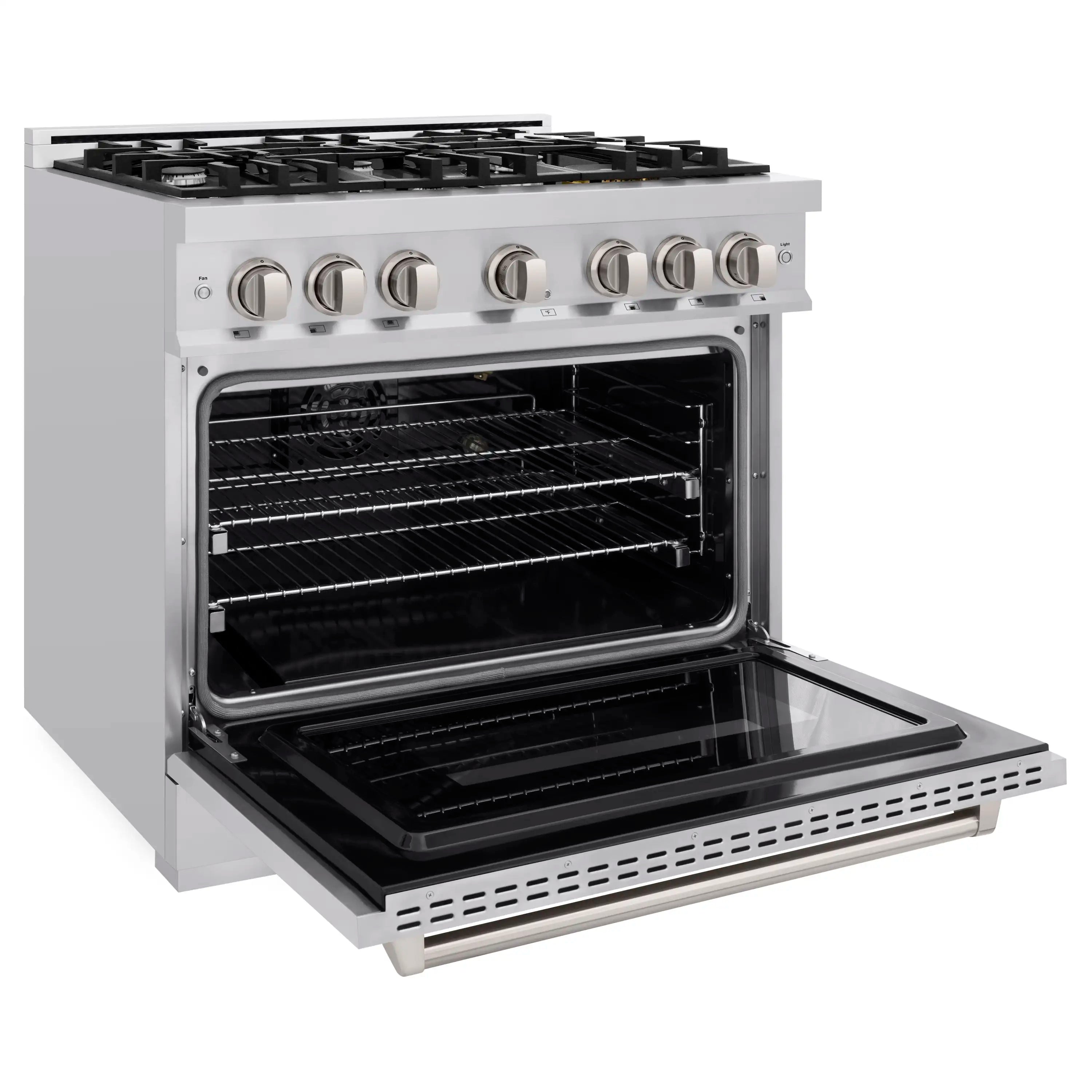 Gas oven door open showing convection racks and black enamel interior in a stainless range