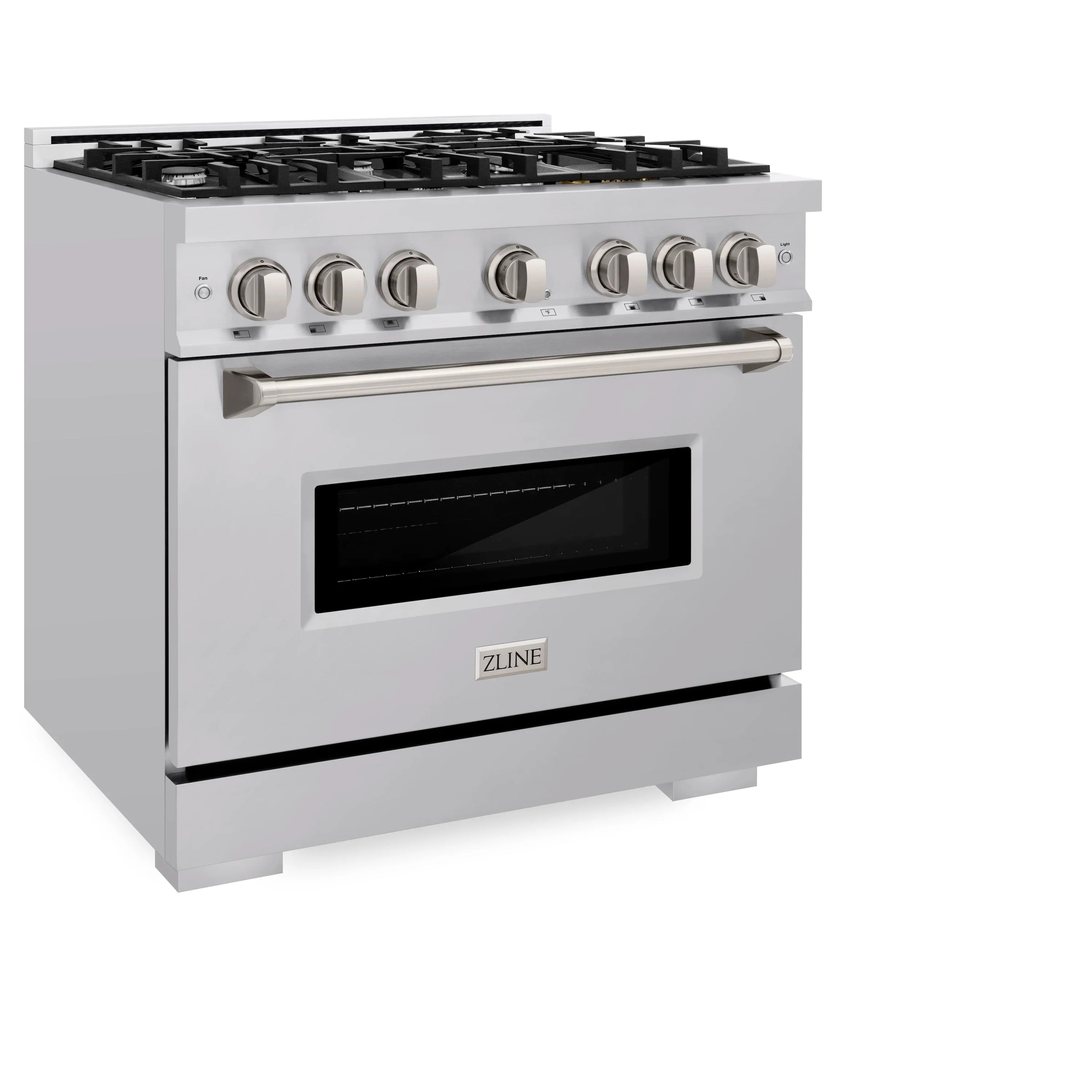 Stainless steel gas range with side view, control knobs, and oven door window
