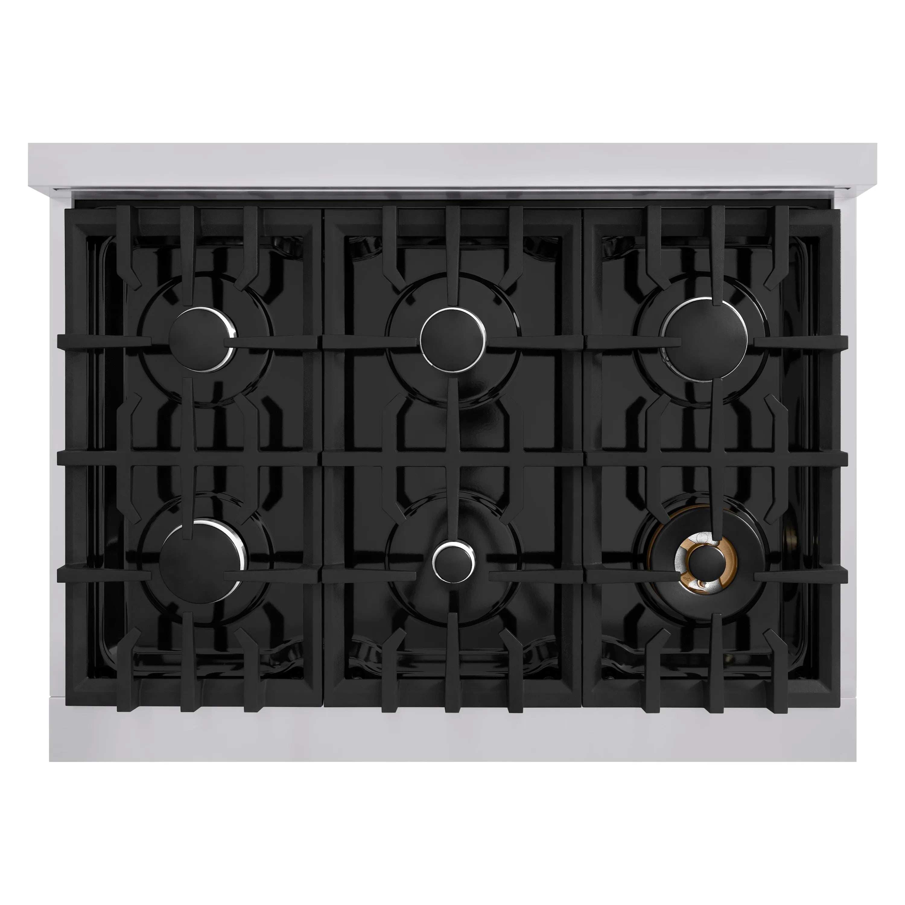 Stainless gas cooktop with black grates and six sealed burners, with front control knobs