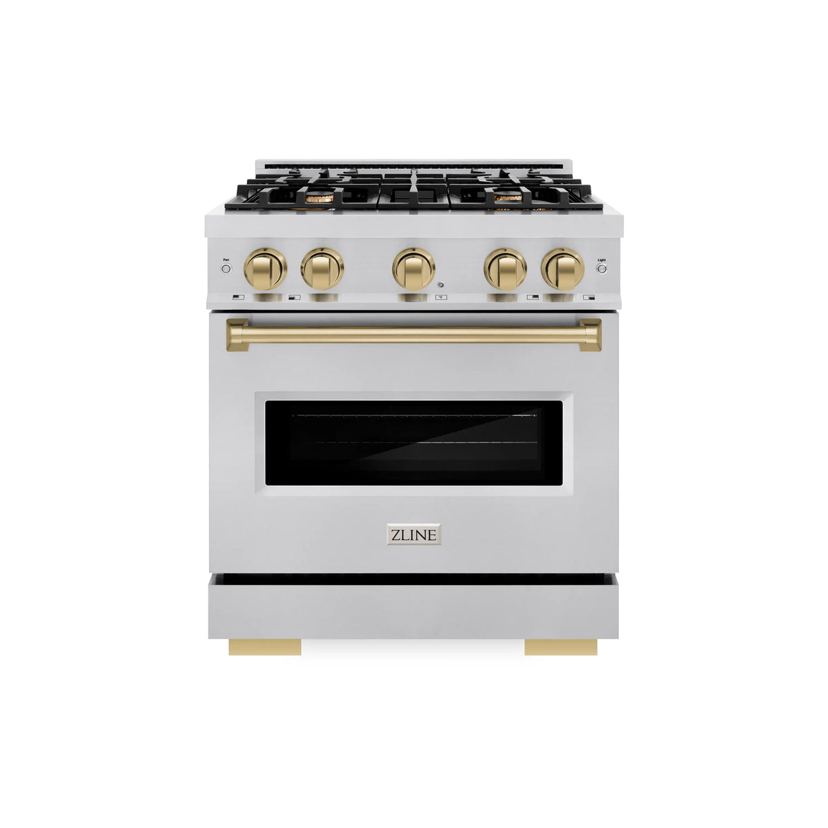 Stainless steel gas range with black oven window, champagne bronze control knobs, open cooktop
