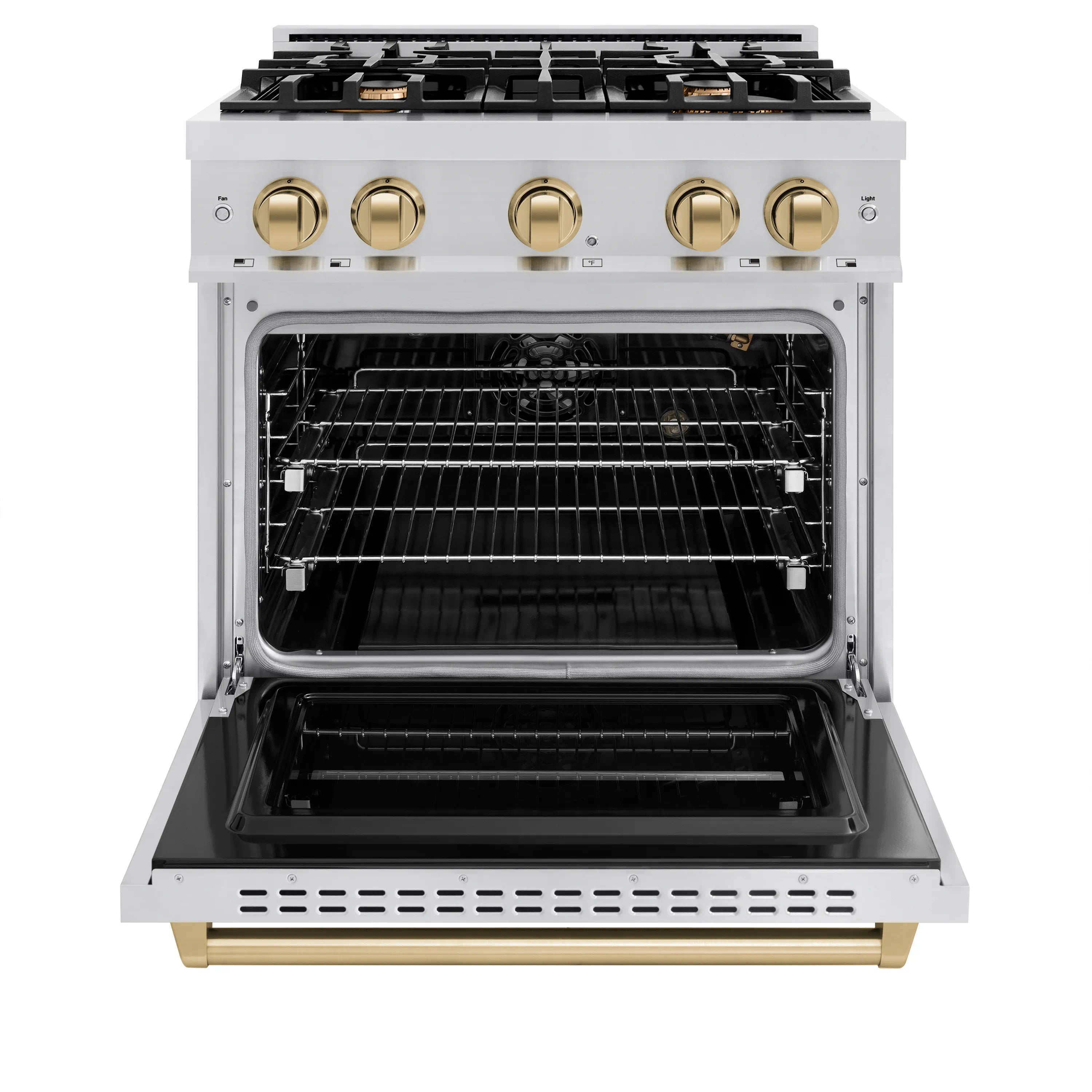Gas range oven door open with black interior racks and stainless steel frame