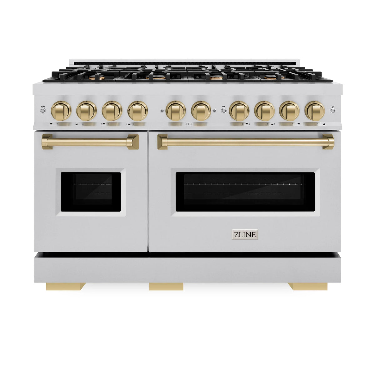 Stainless steel gas range with two oven windows and champagne bronze control knobs