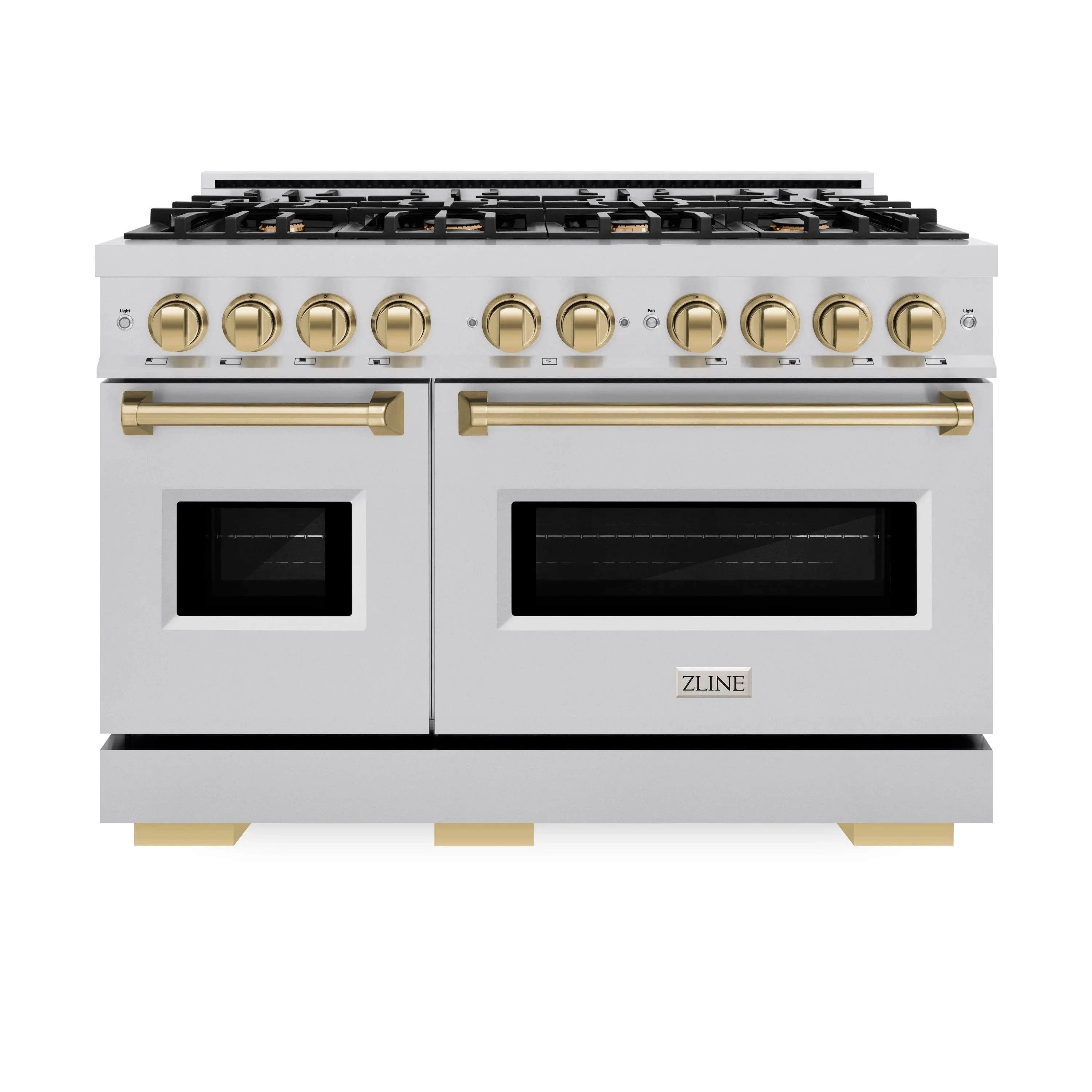 Stainless steel 48-inch gas range with champagne bronze control knobs and oven handles