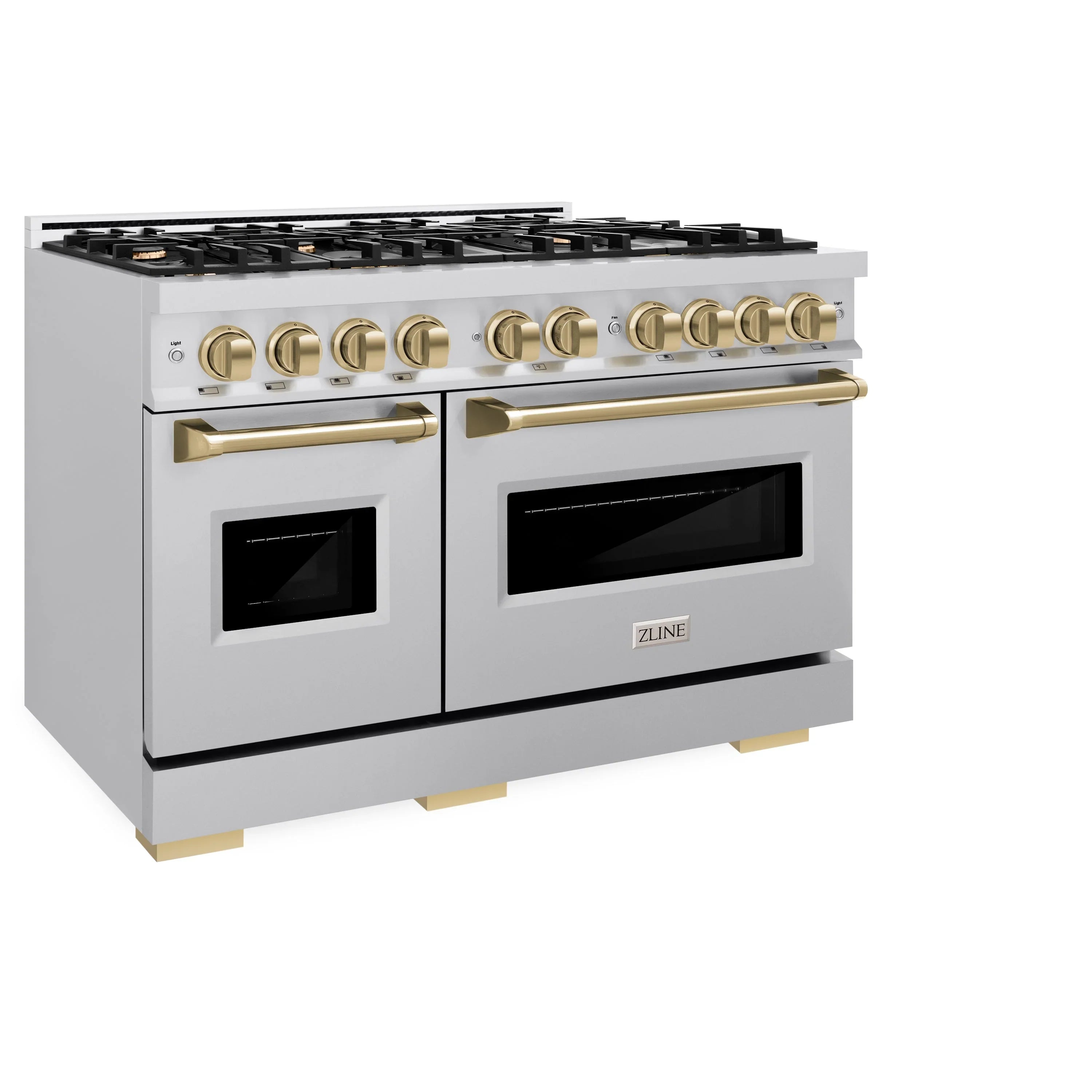 Stainless steel gas range with front burners and champagne bronze control accents