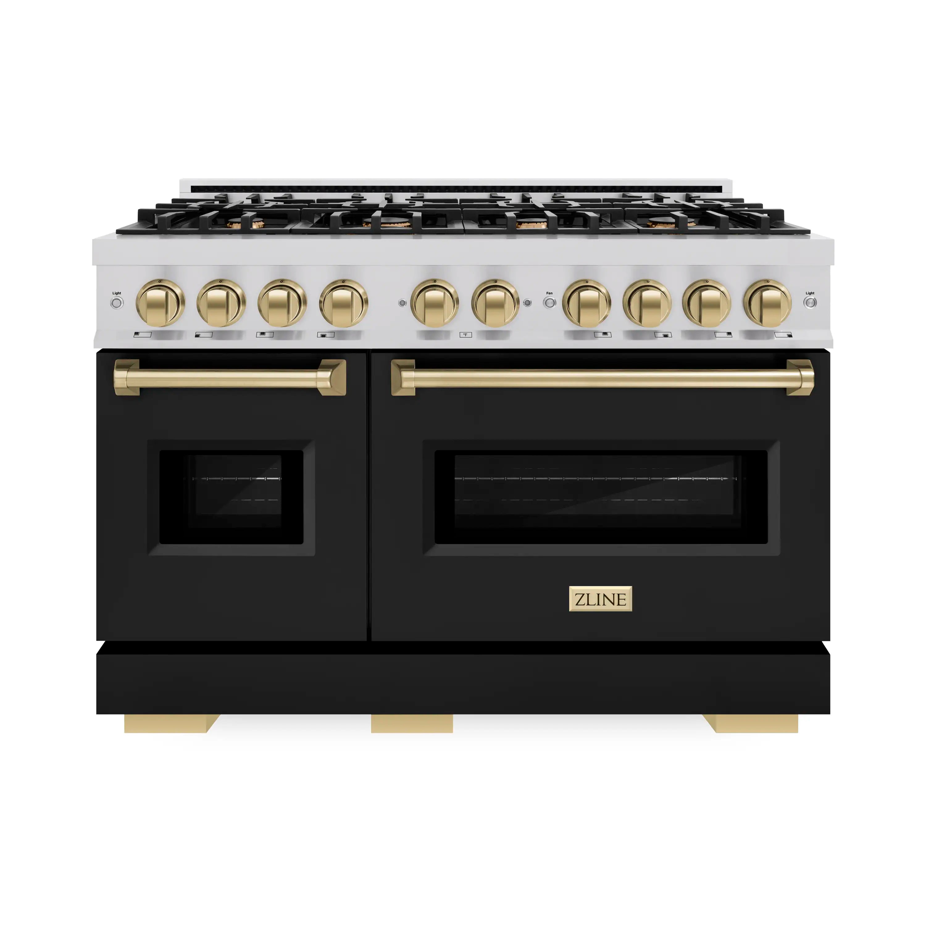 Front view stainless gas range with black oven doors, bronze handles, and control knobs