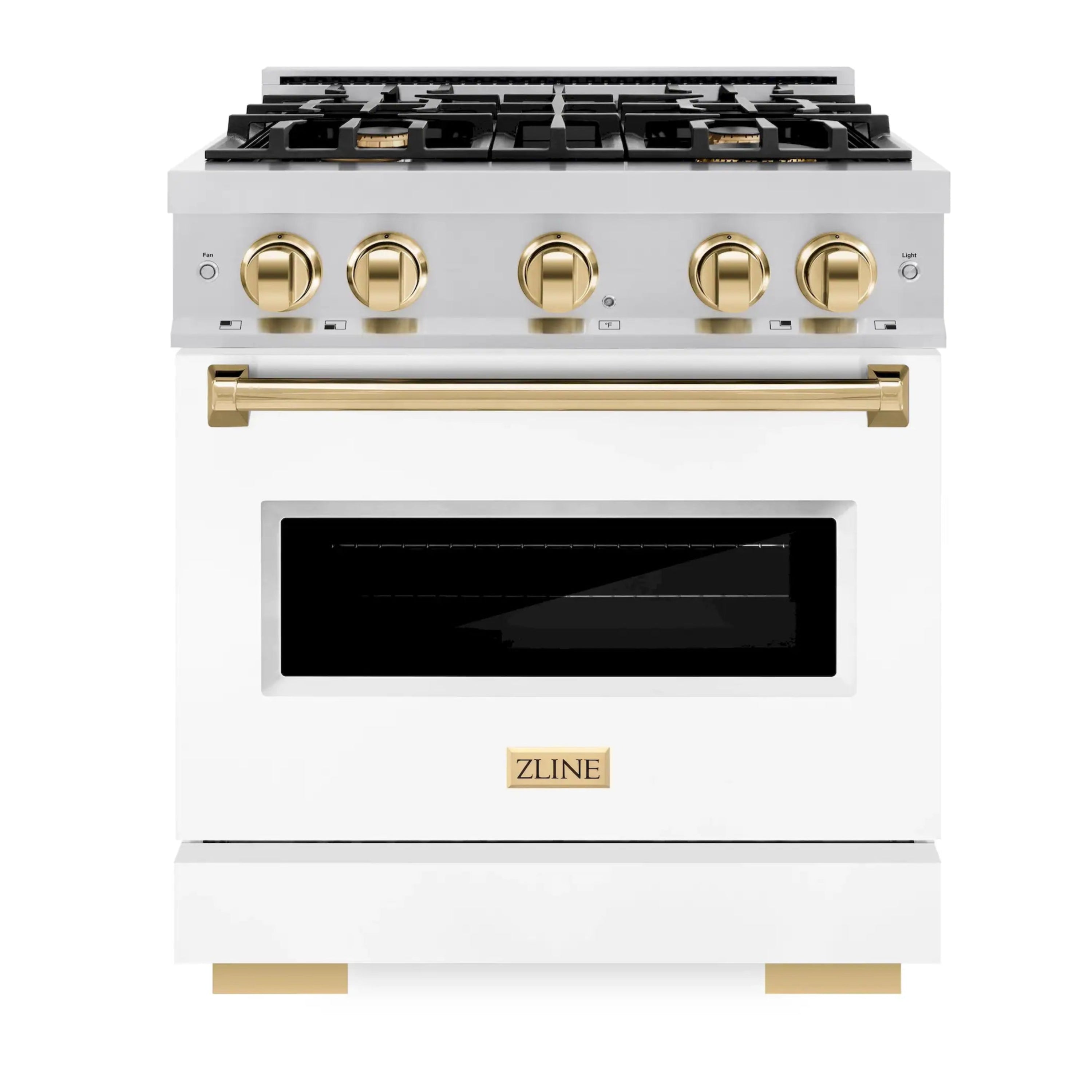 Stainless steel gas range front view with four burner knobs and gold oven handle