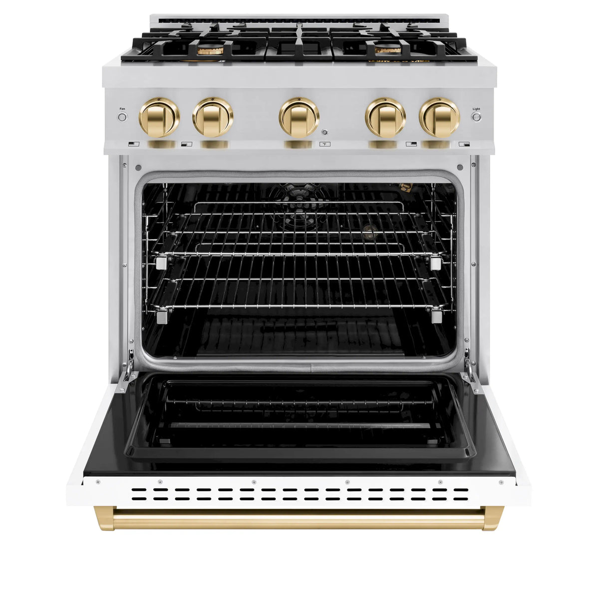 Stainless steel gas range with oven door open, racks inside, and gold base trim
