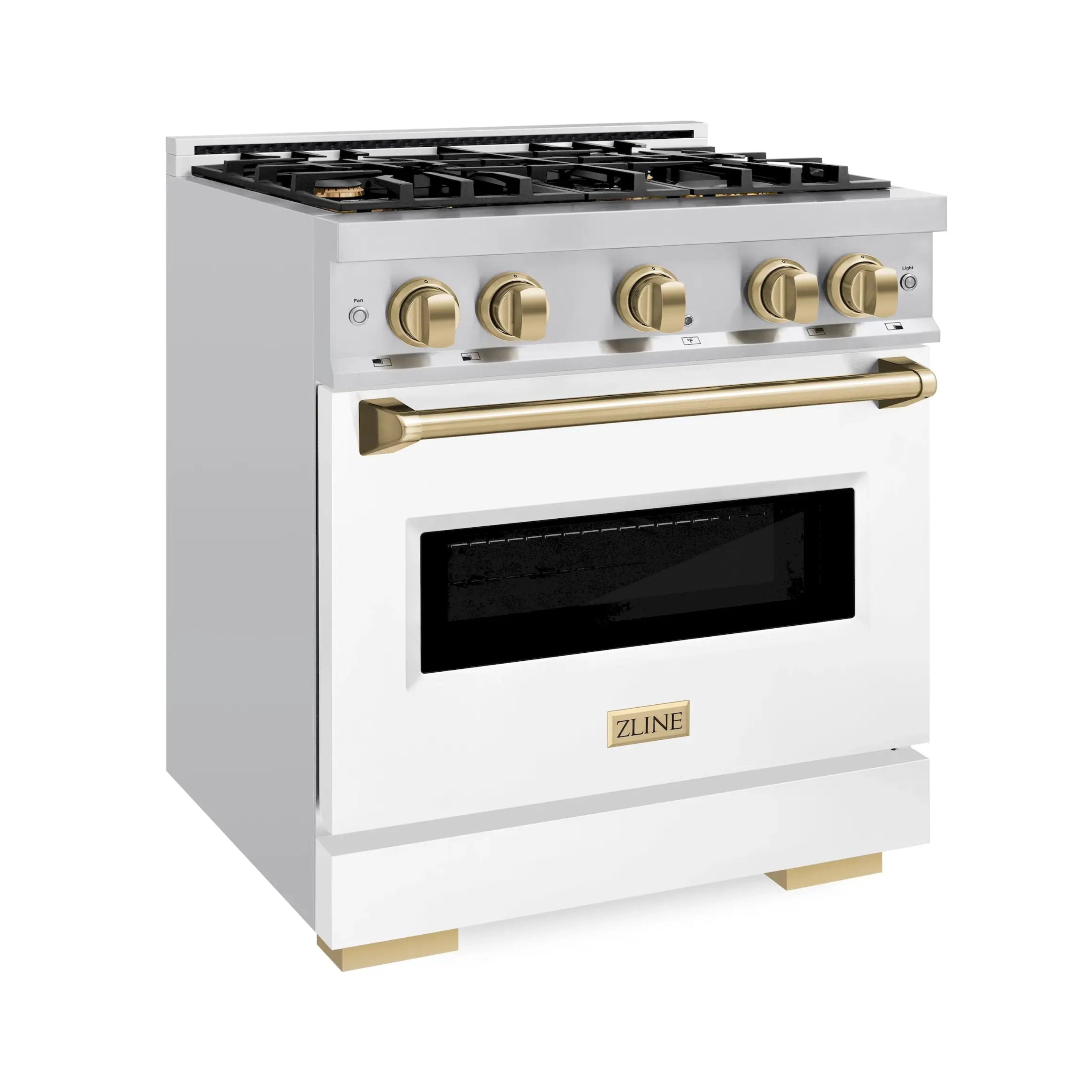 Stainless steel gas range with four burners, gold knobs, and white matte oven door