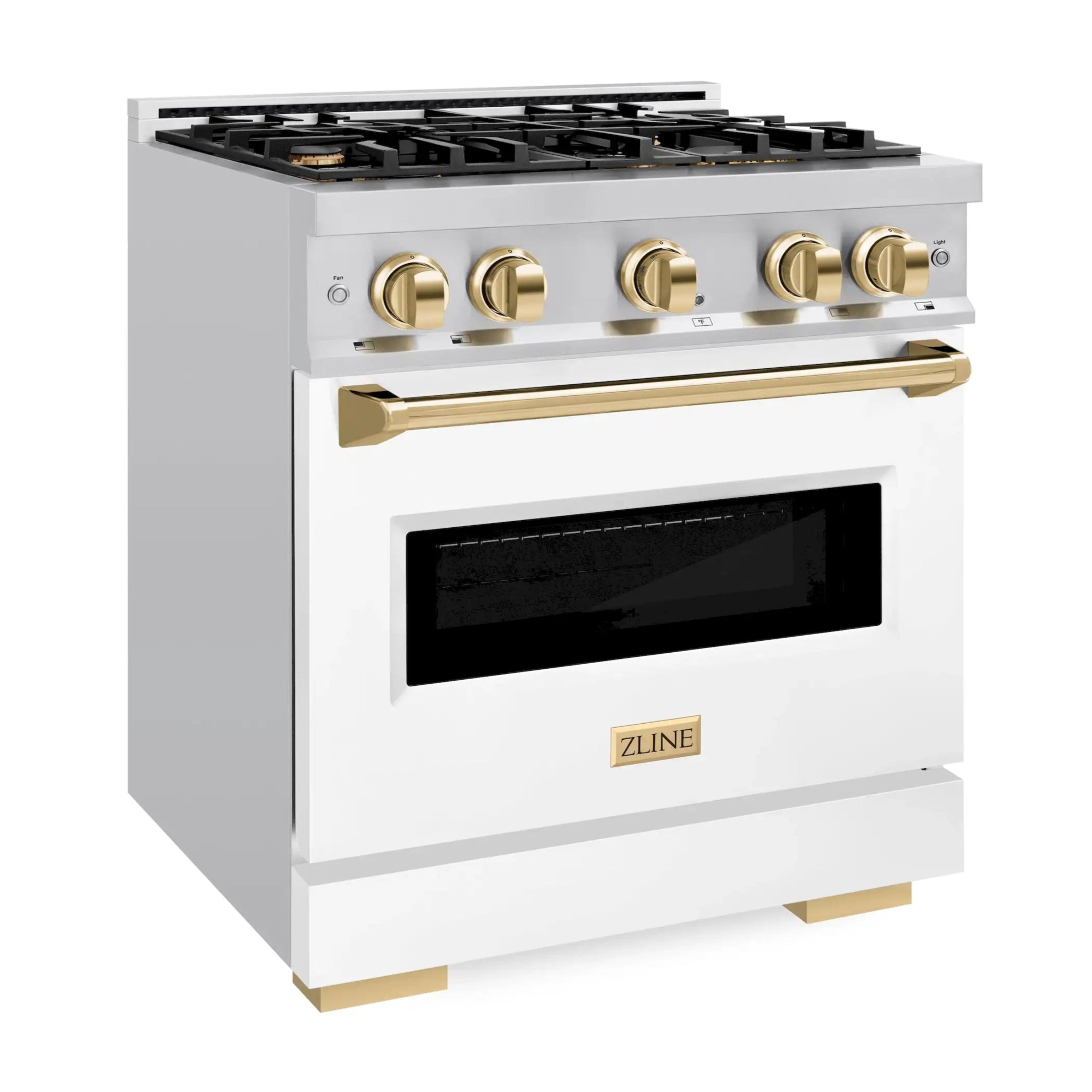 Stainless steel gas range with open oven door, gold handle, and burner grates