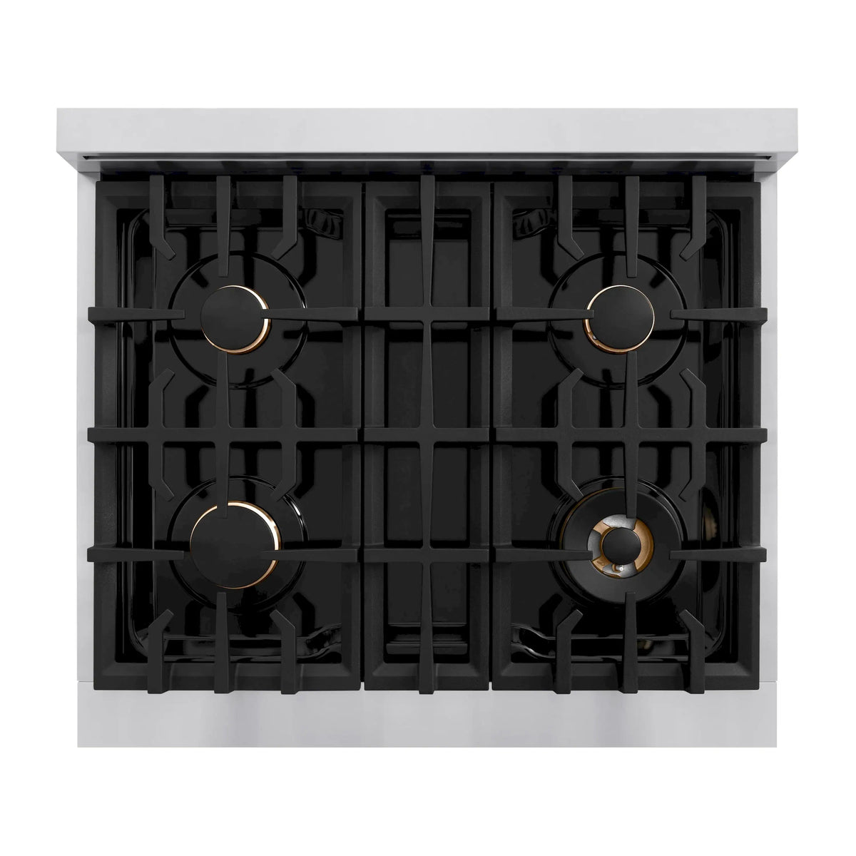 Gas cooktop with four black grates and gold round burner control knobs