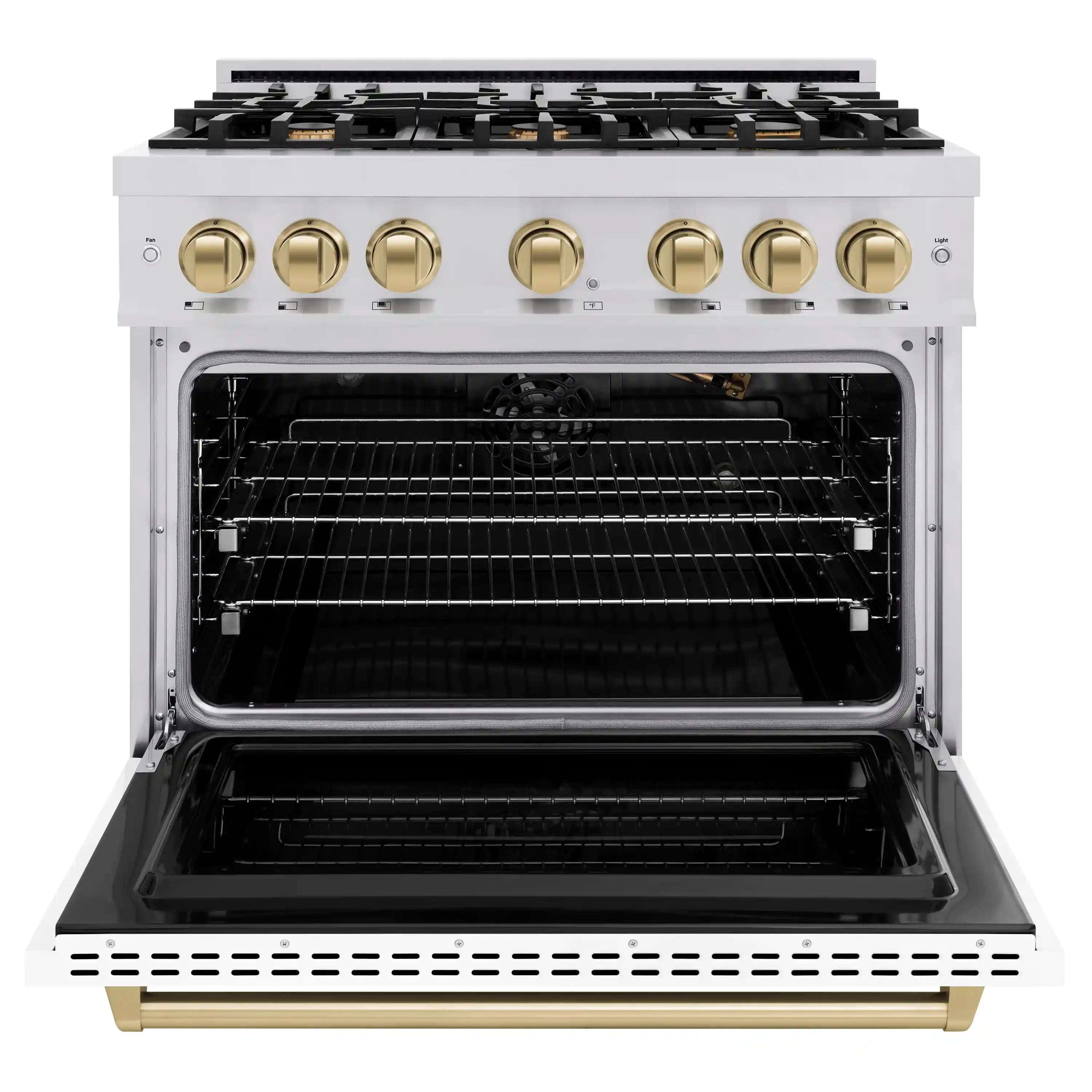 Gas oven with door open and full interior racks in a stainless frame