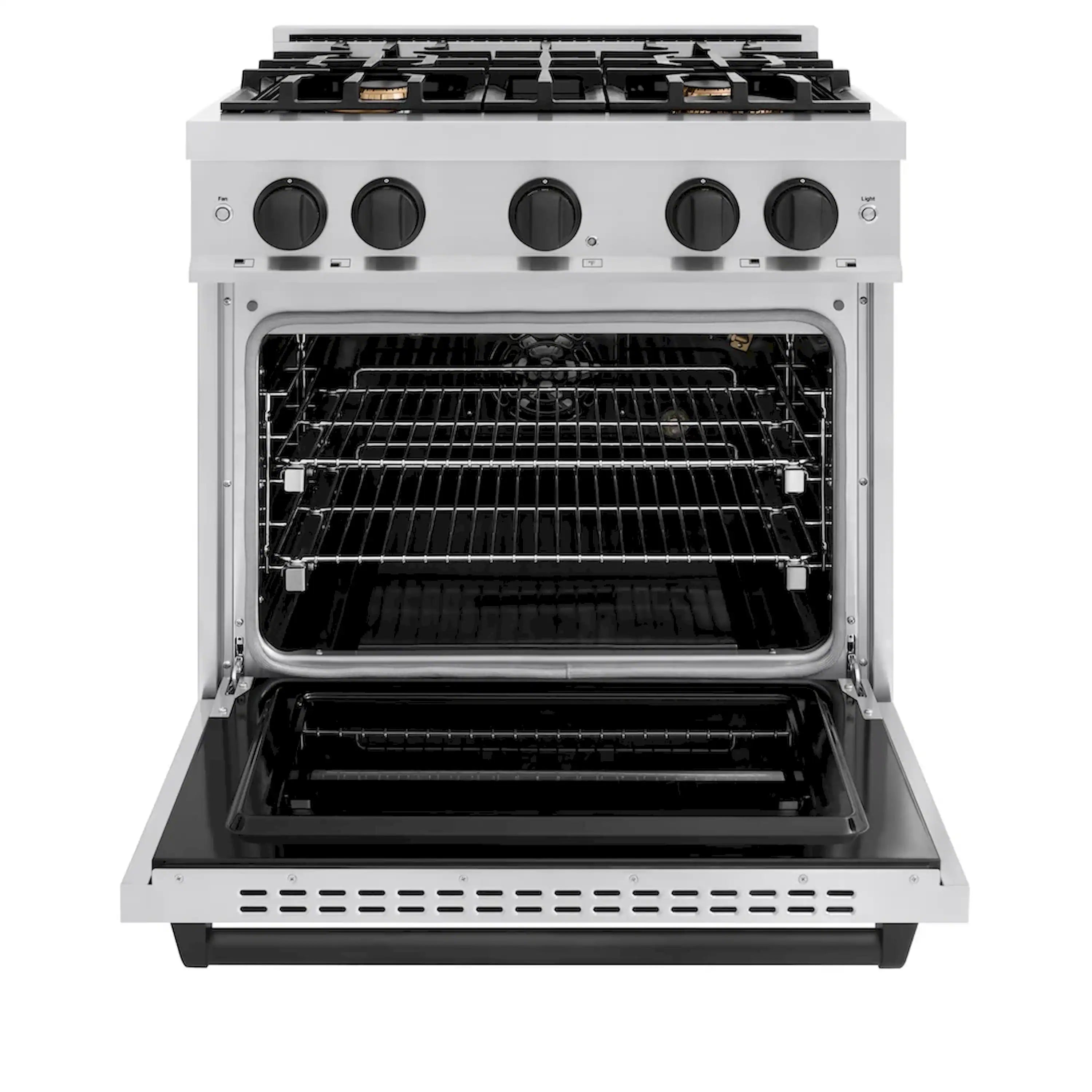 Front view of gas oven with black racks and lit burner area