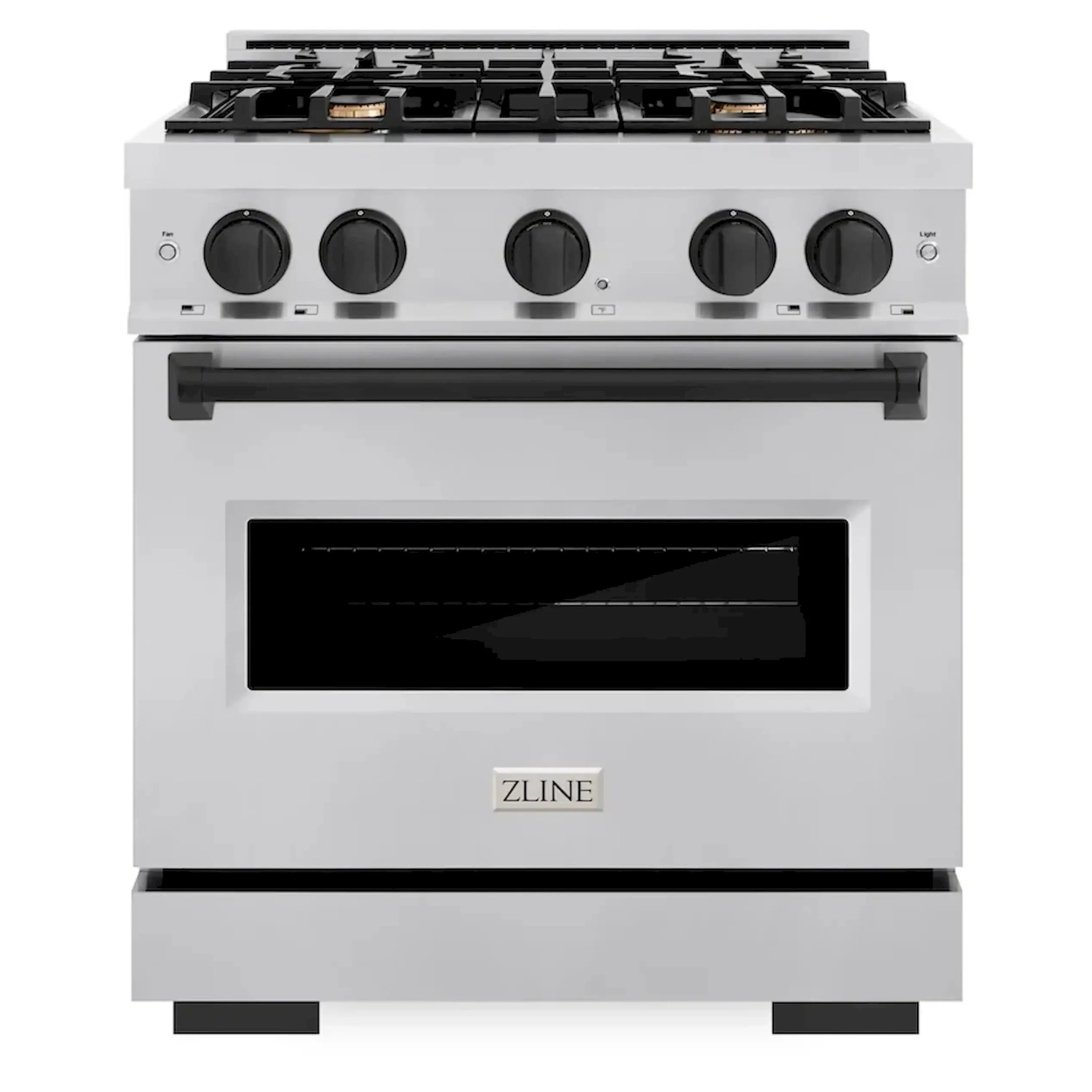 Stainless steel gas range with five burners, round knobs, and oven door window