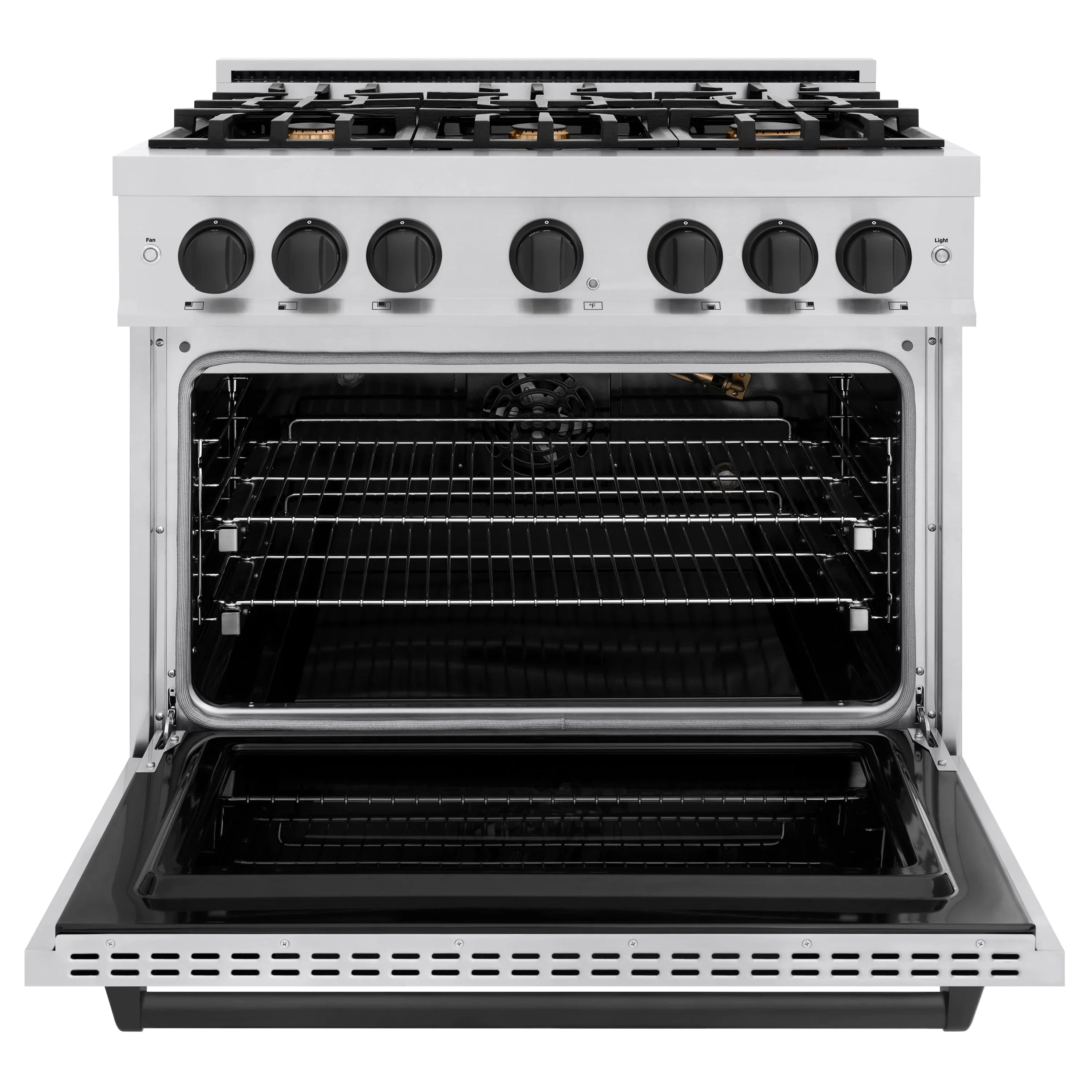 Gas oven cavity of stainless steel 36-inch range with racks and open door.