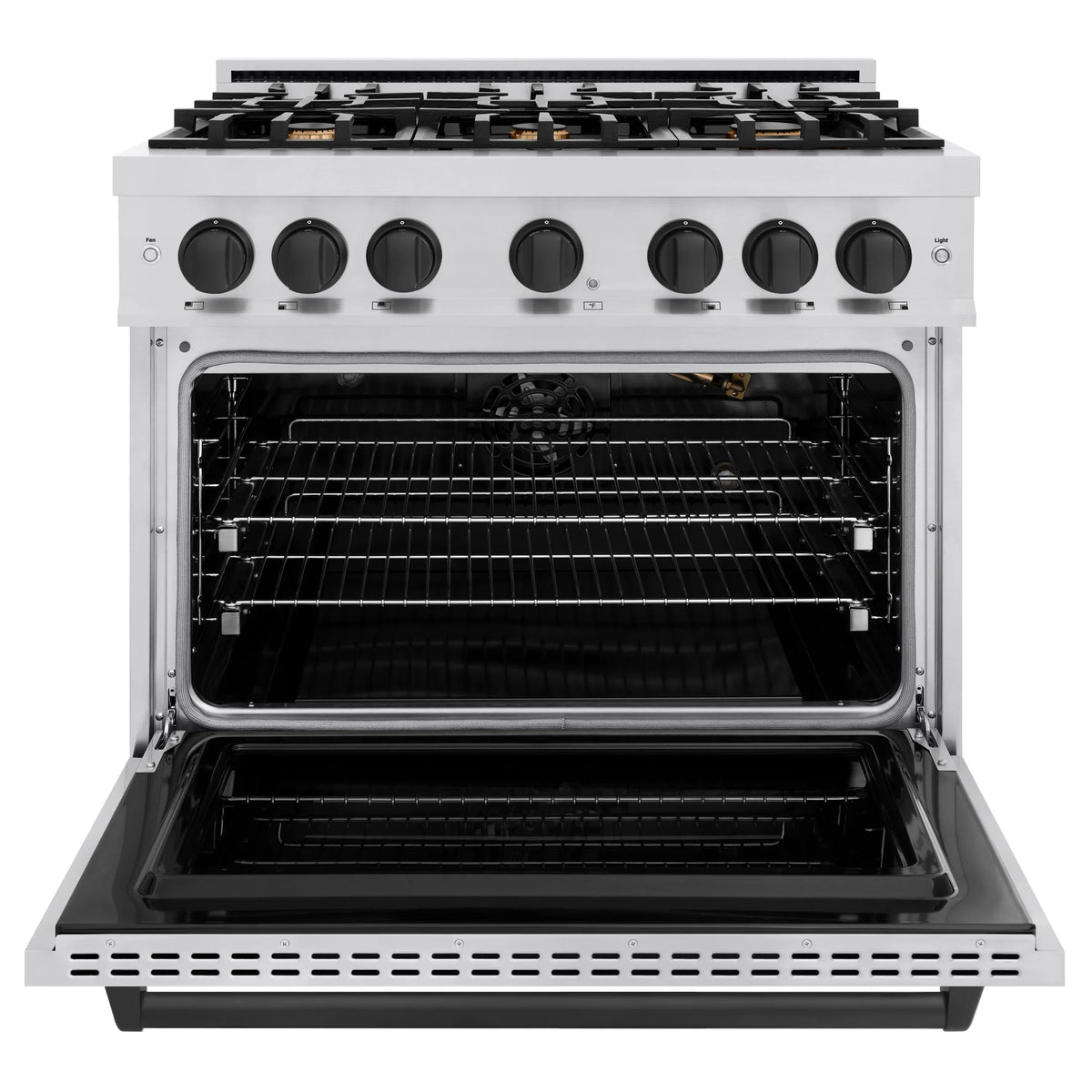 Stainless steel gas range with open oven door and visible wire oven racks