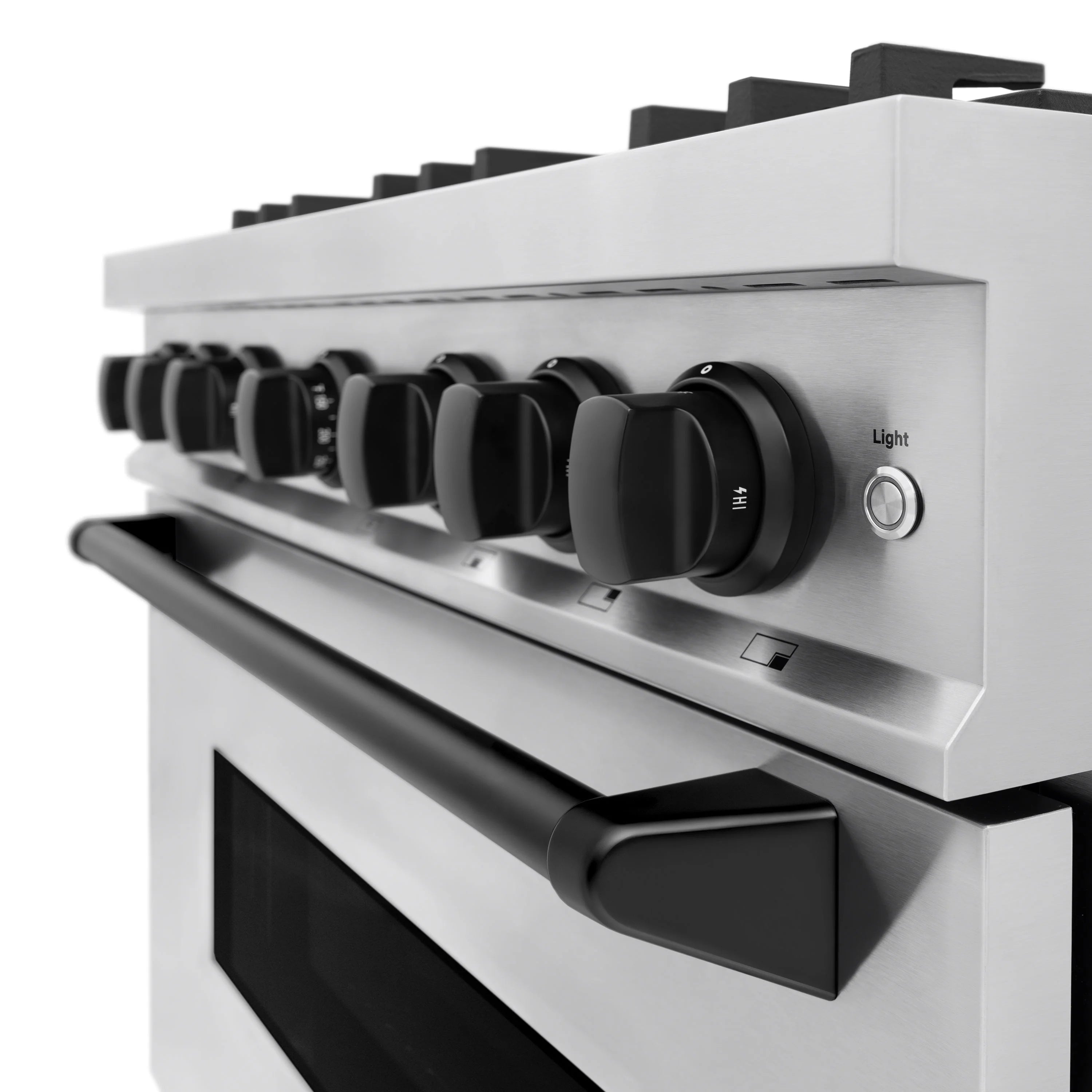 Front control panel of stainless steel gas range with black control knobs and light dial