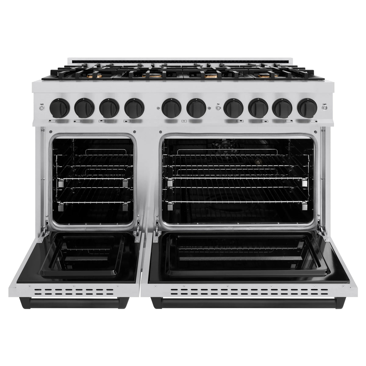Stainless steel ZLINE gas range with two open ovens and wire rack grates