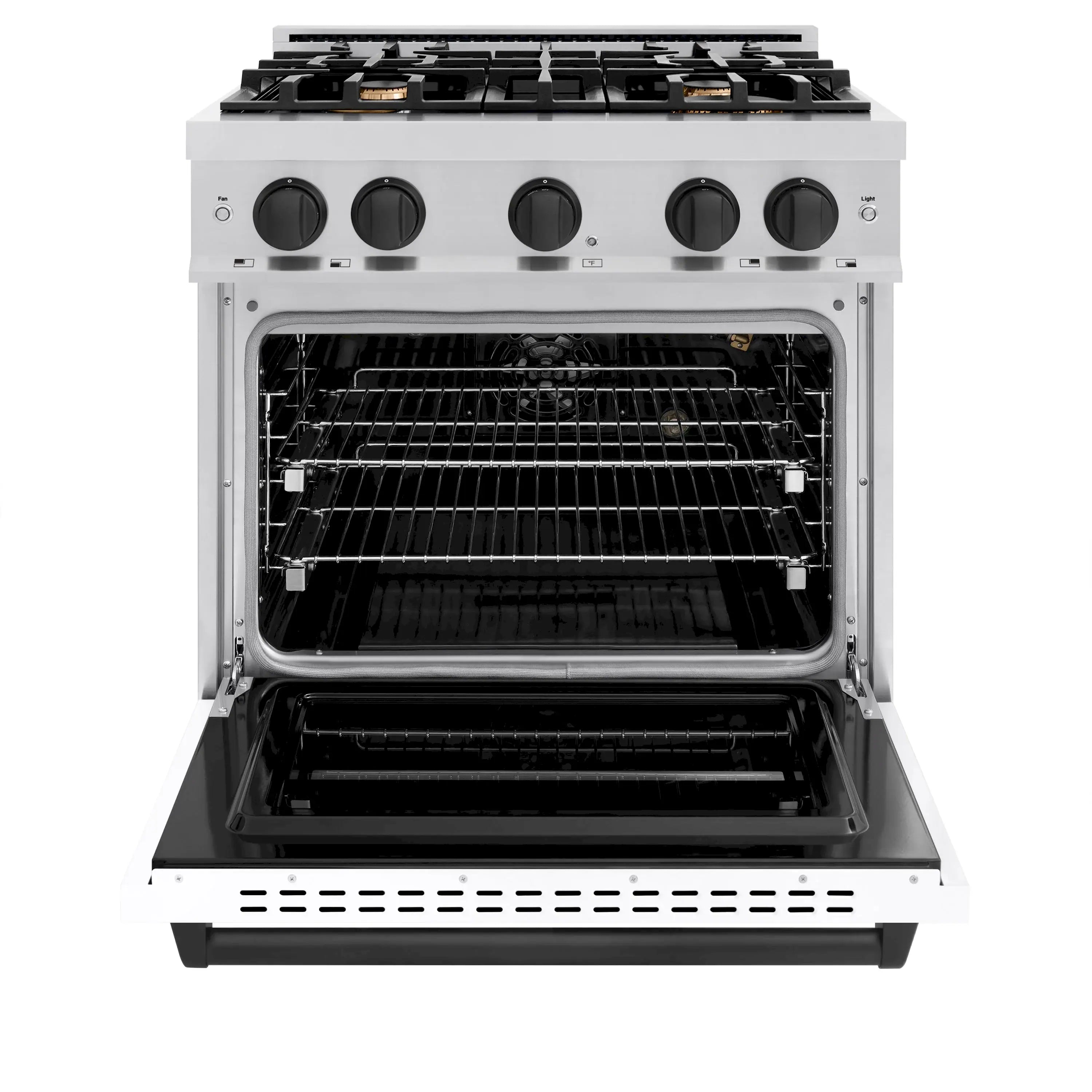 Open stainless steel ZLINE gas convection oven with black racks and bake chamber