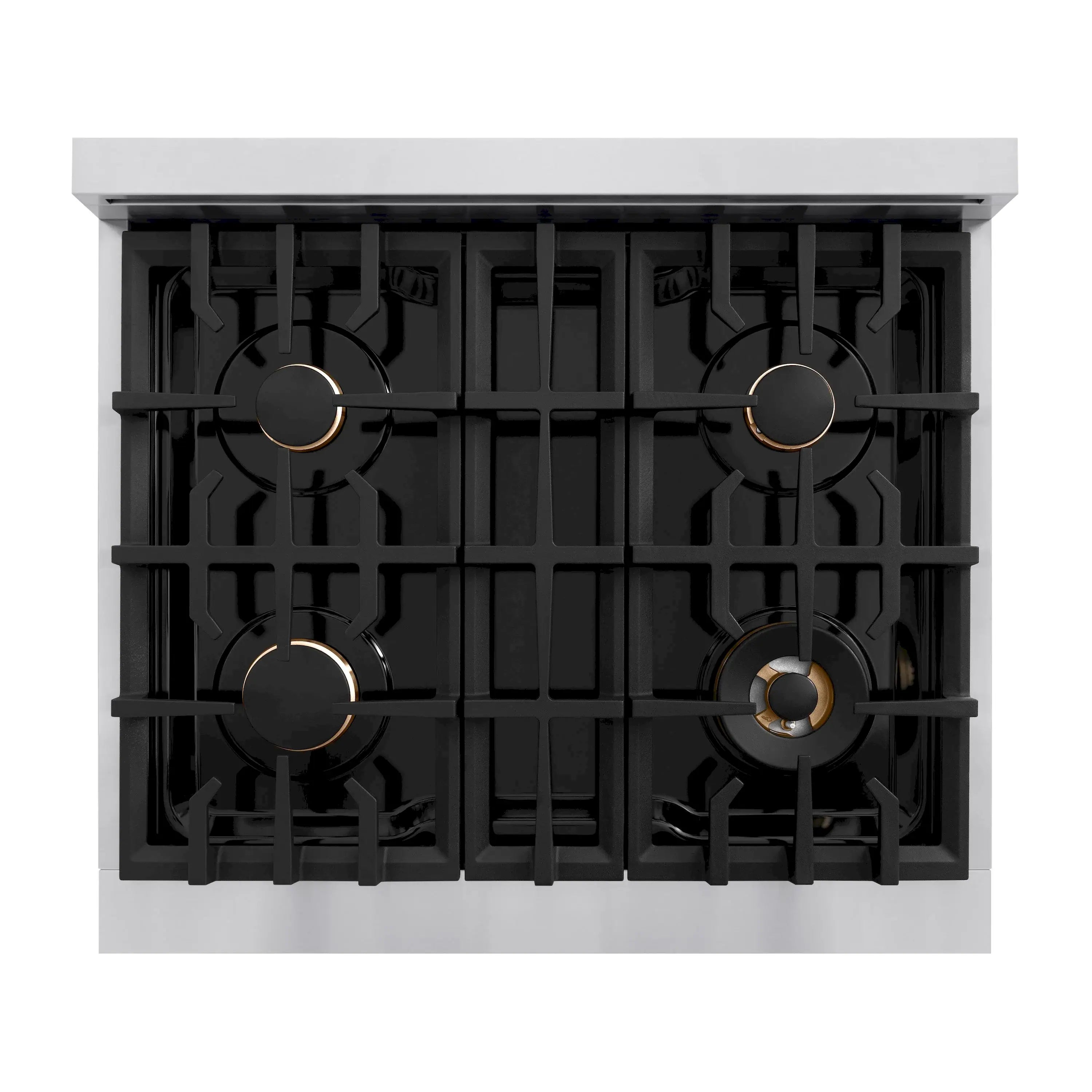Black gas cooktop with four burner grates and round burner caps, top-down front view