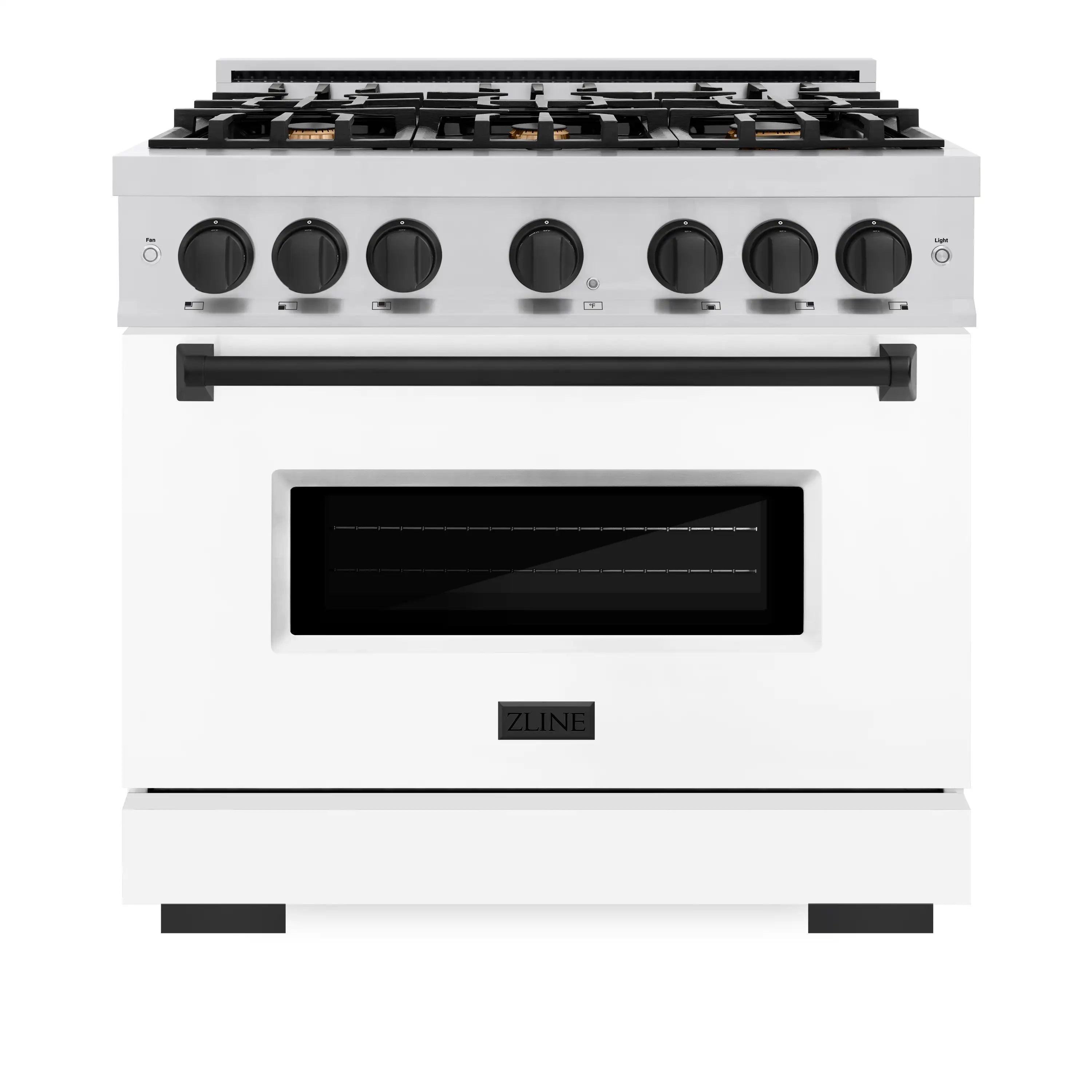 White gas range with black burner knobs and oven door window, centered front view.