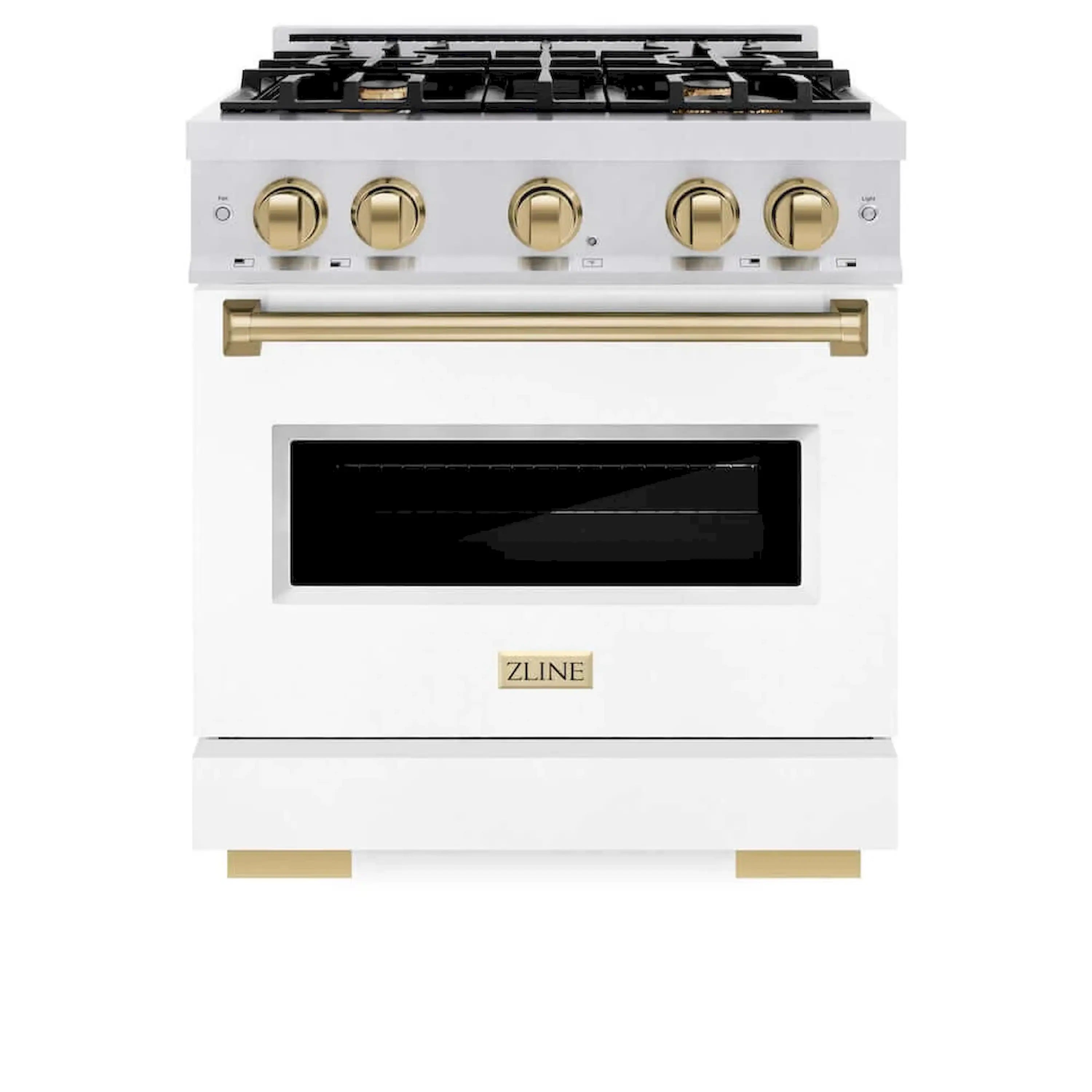 Gas range front with four-burner grates, gold knobs, and white oven door