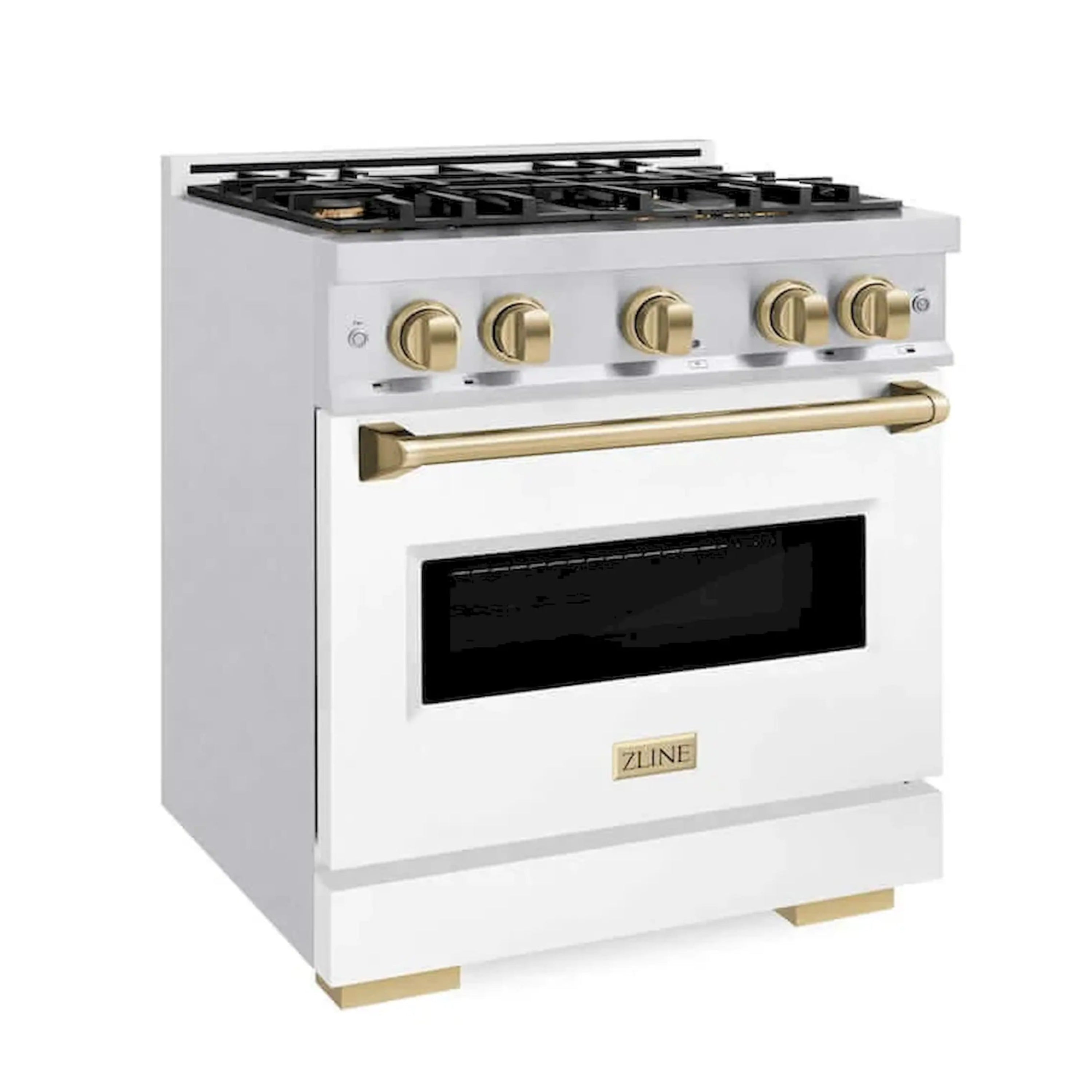 Gas range three-quarter front with four burners, gold knobs, and white door