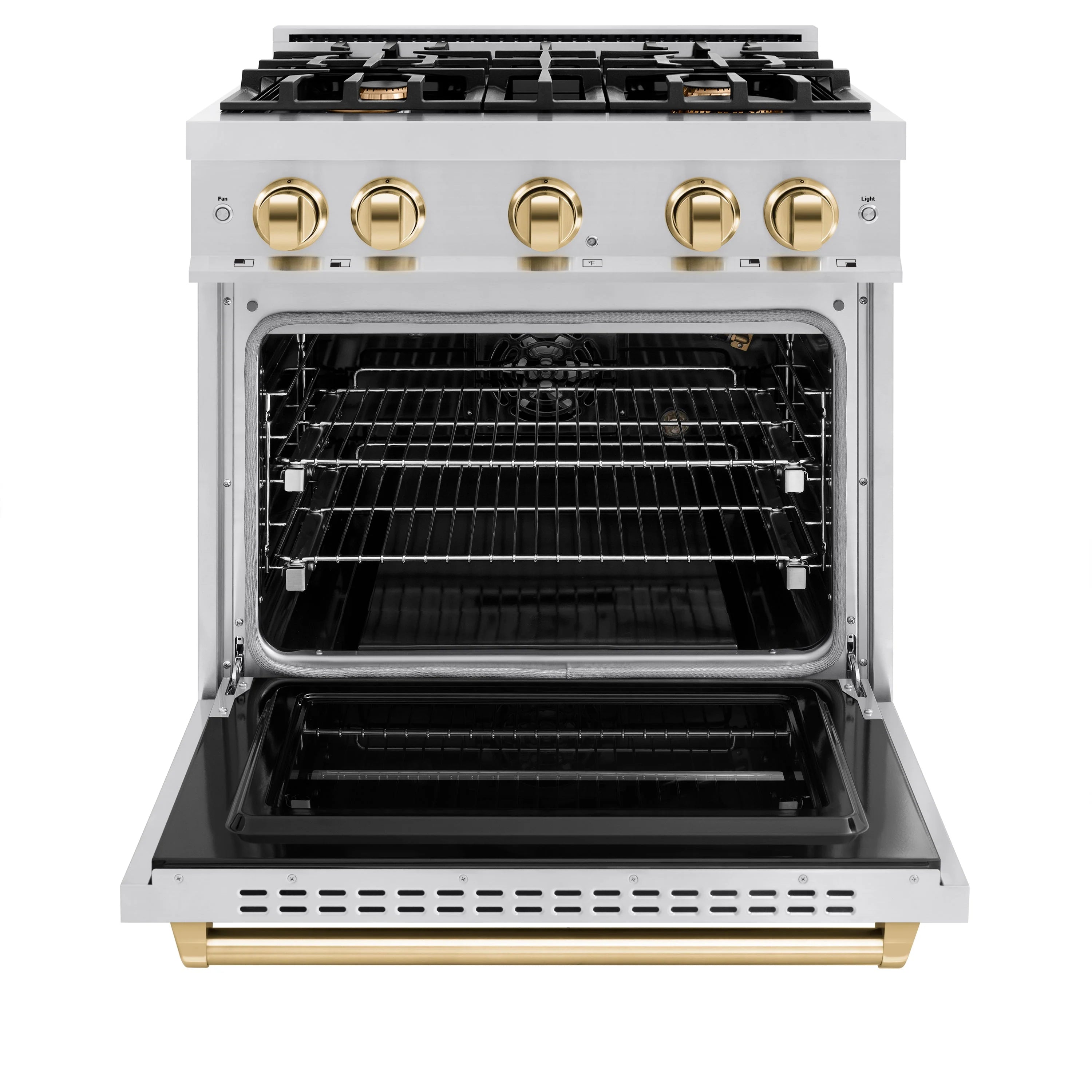 Stainless steel gas range with gold knobs, open convection oven and racks