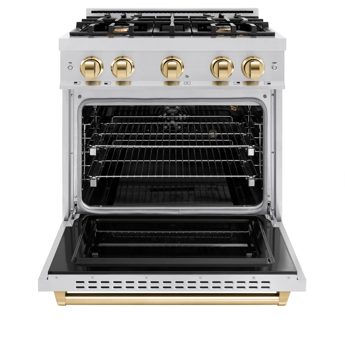 Stainless gas range oven interior with racks and black cooktop grates