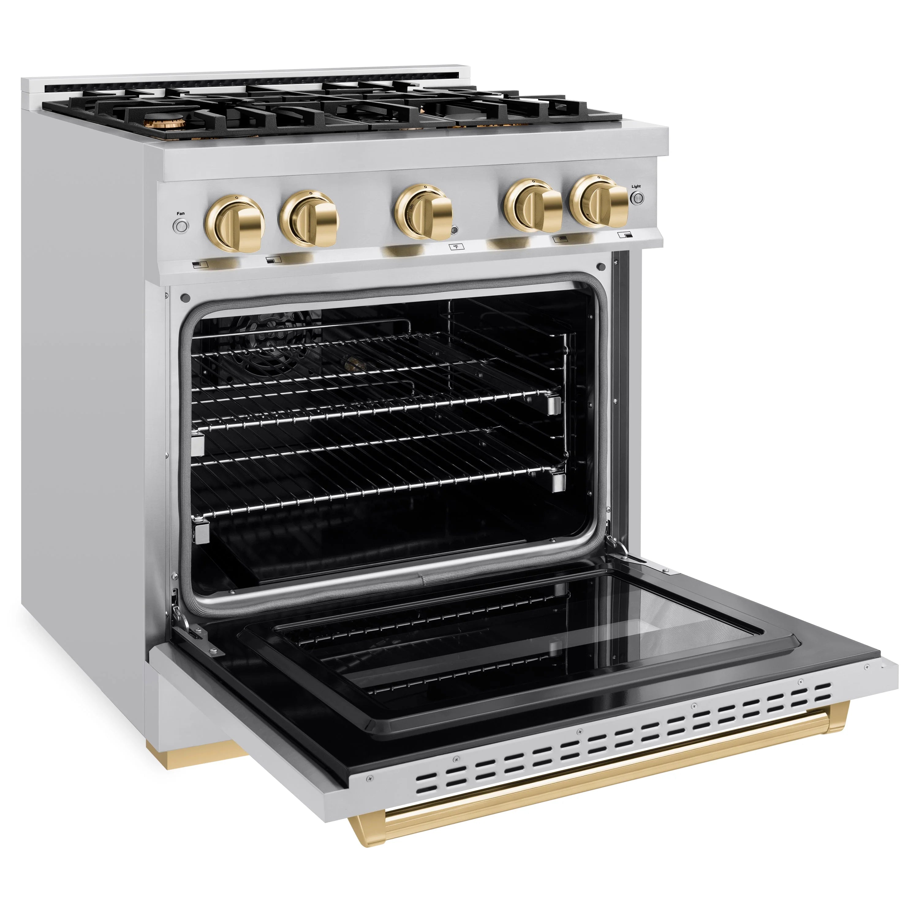 Stainless gas range with open oven door showing racks and convection-style cavity