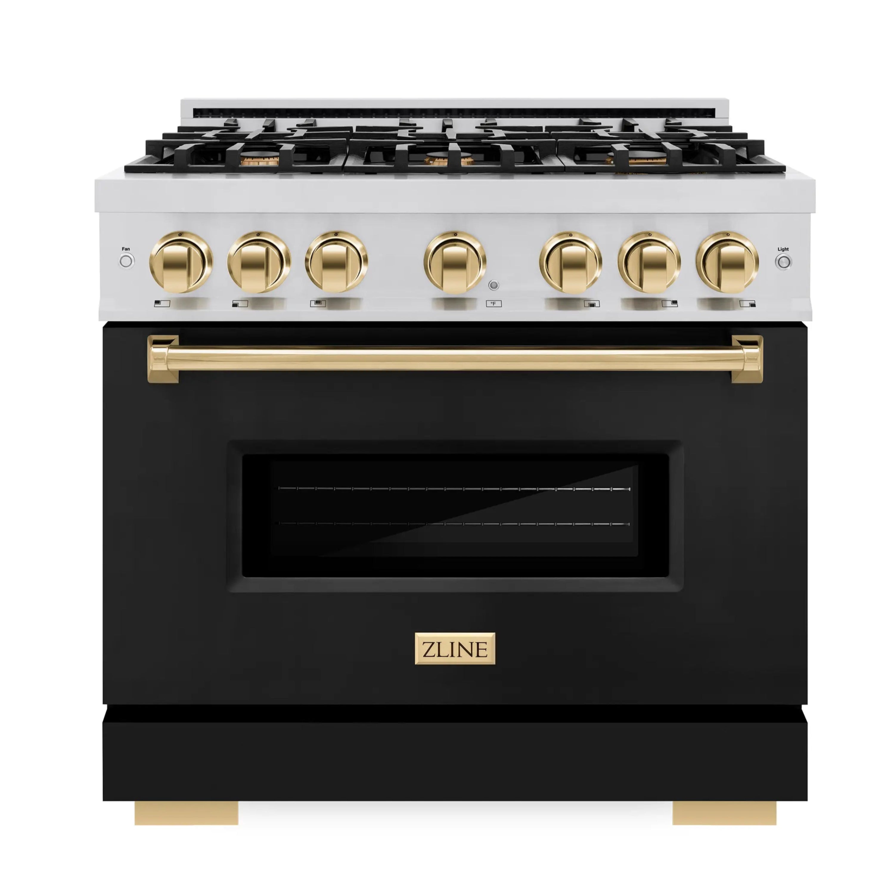 Stainless gas range front with black oven door window and gold control accents