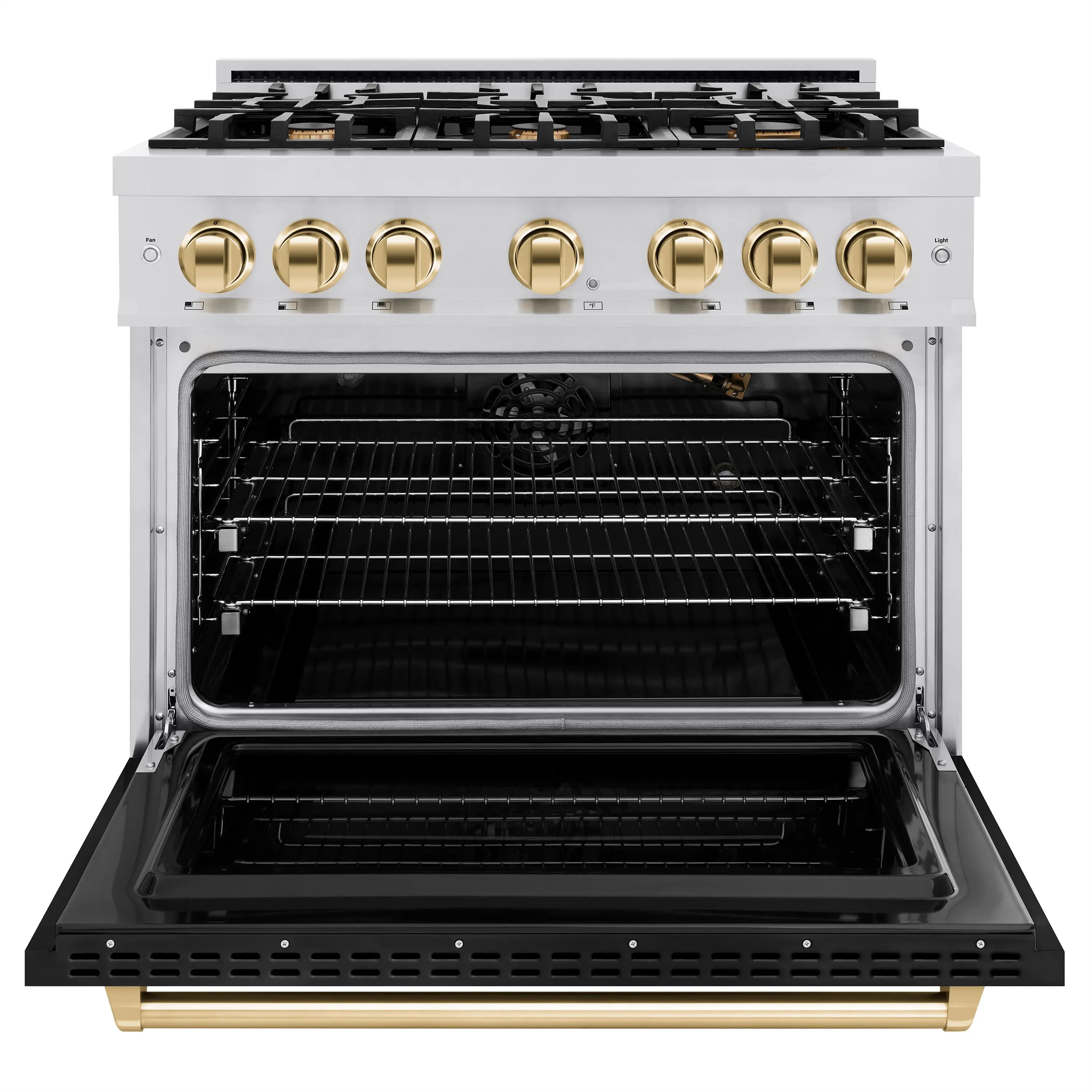 Stainless steel gas range with open convection oven, black door, and gold control knobs