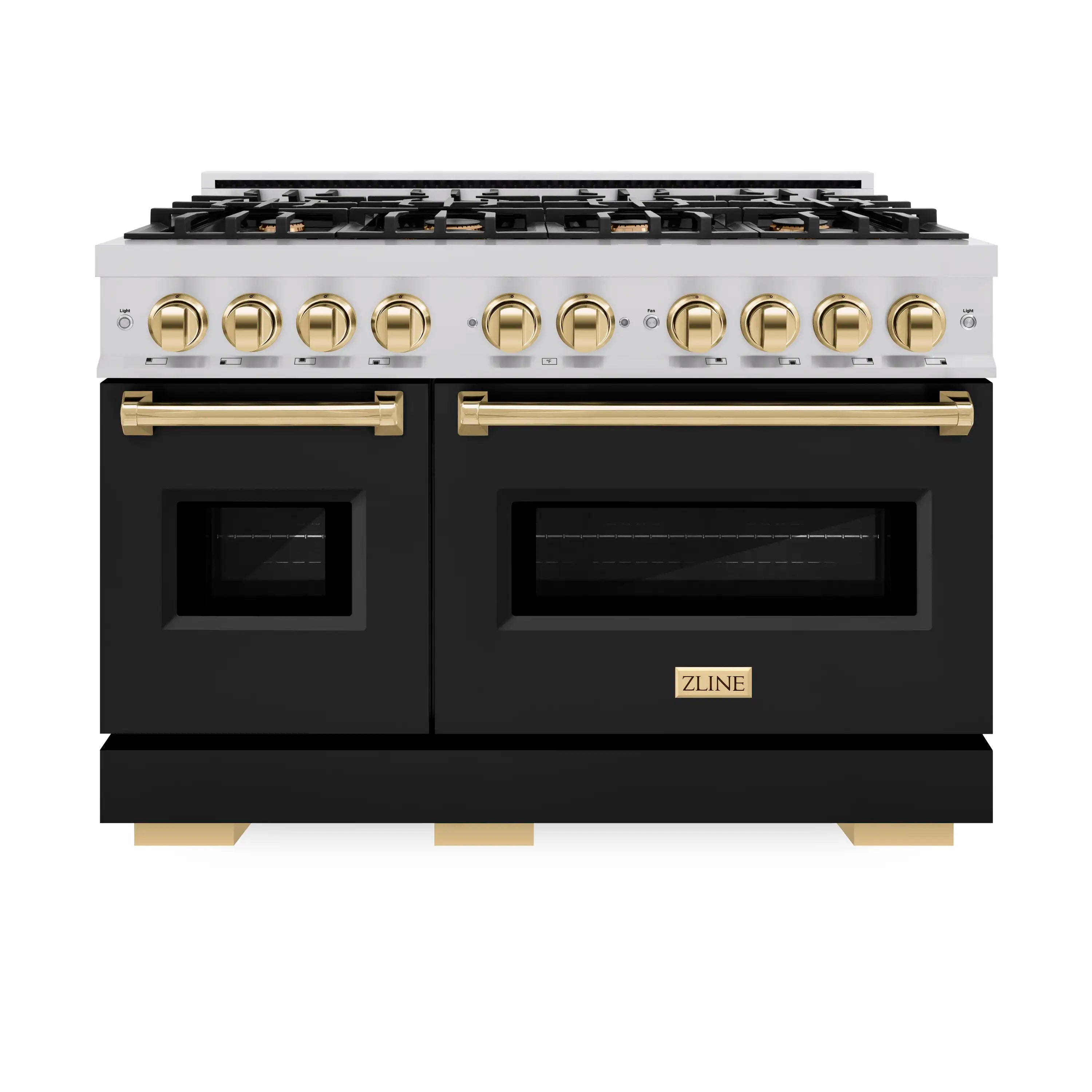 Stainless steel and black gas range front with double oven doors and gold handles