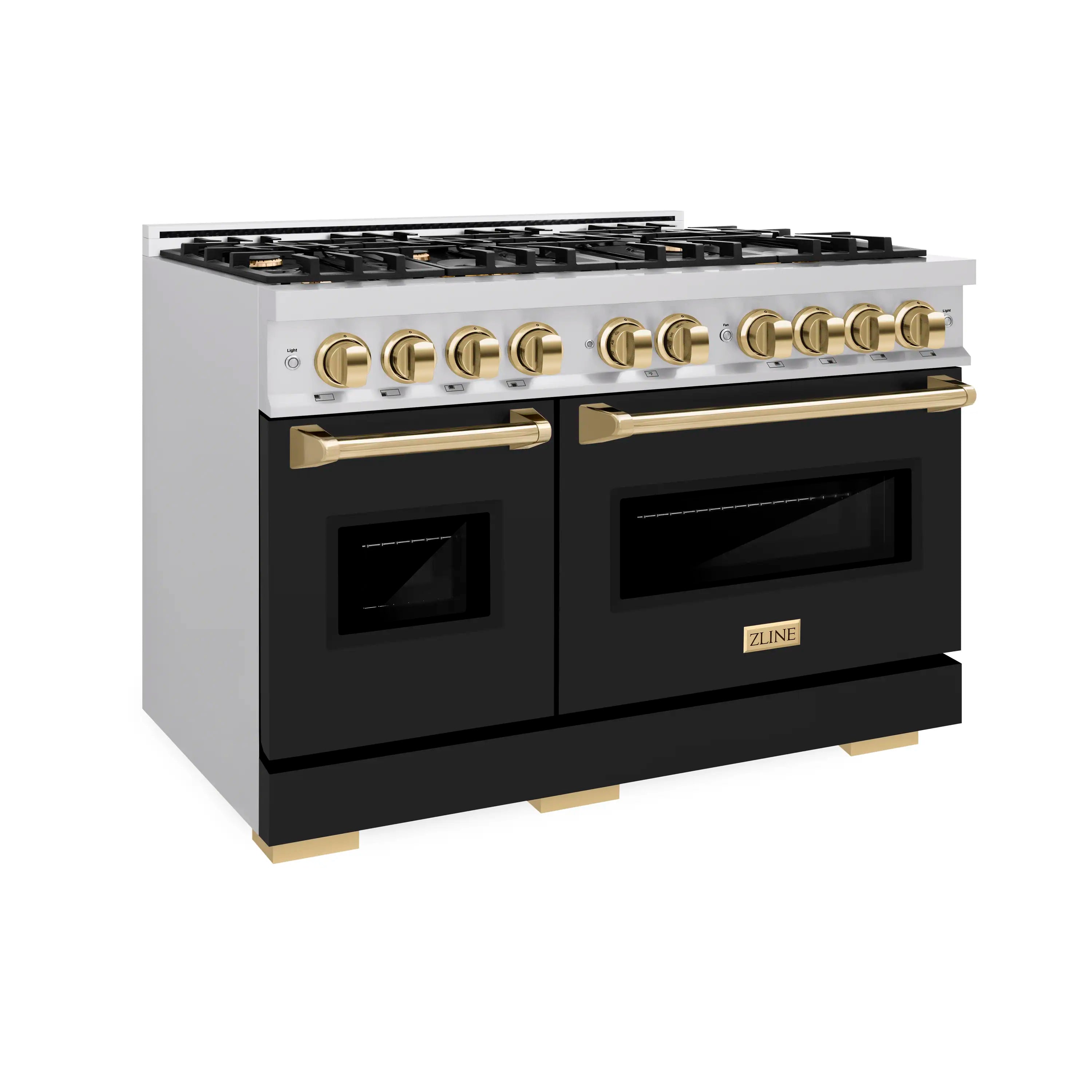 Gas range angled view showing black doors, gold handles, and burner grates
