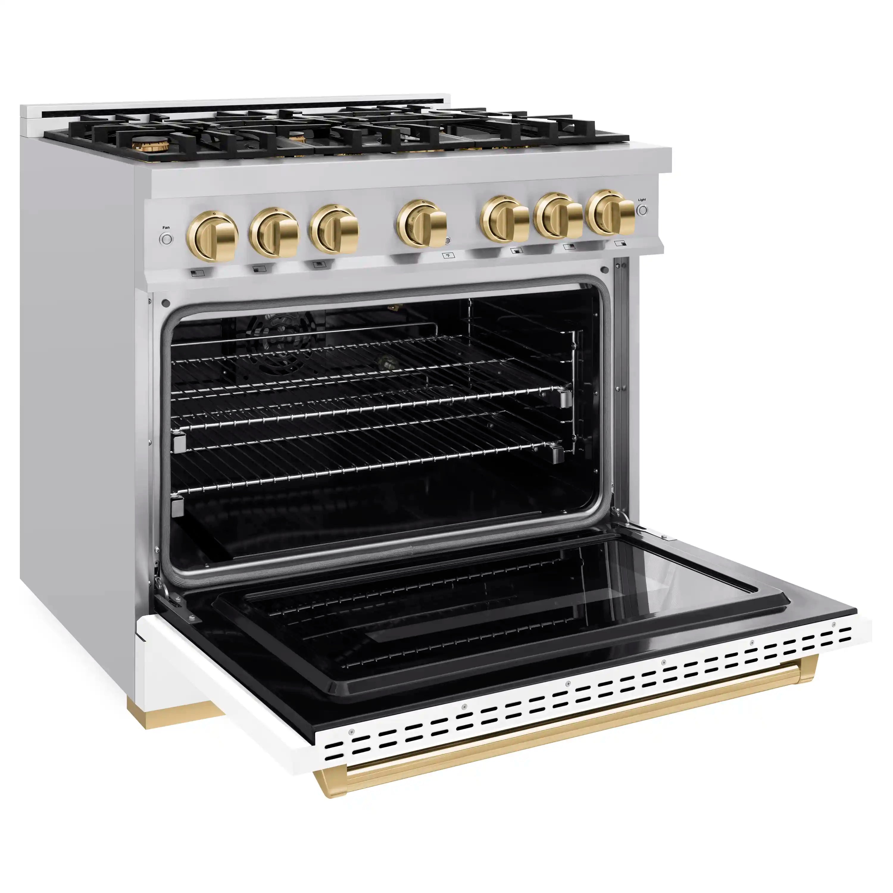 Stainless steel gas range with open oven door, gold knobs, and black burner grates