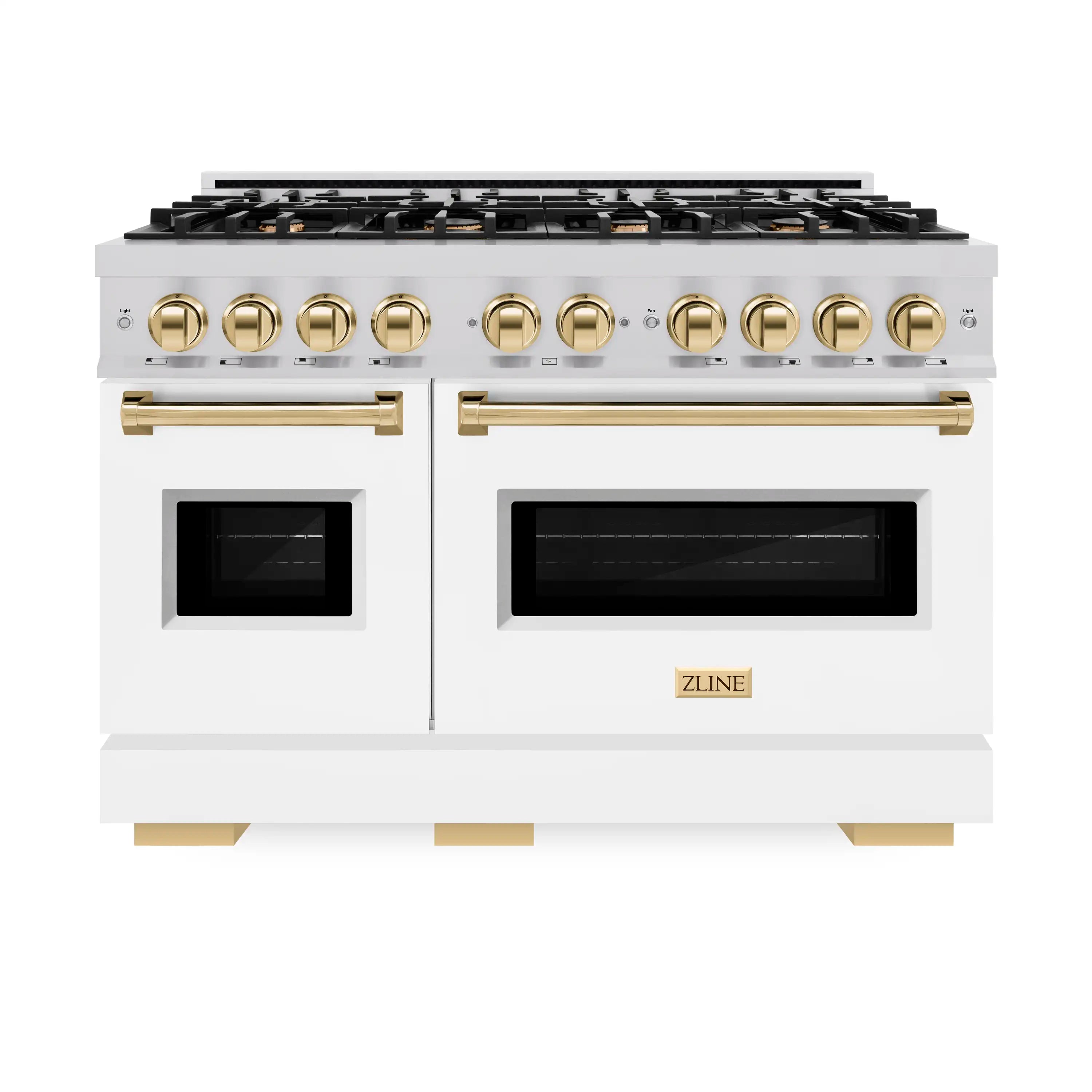 White matte gas range with stainless burner grates and gold control knobs