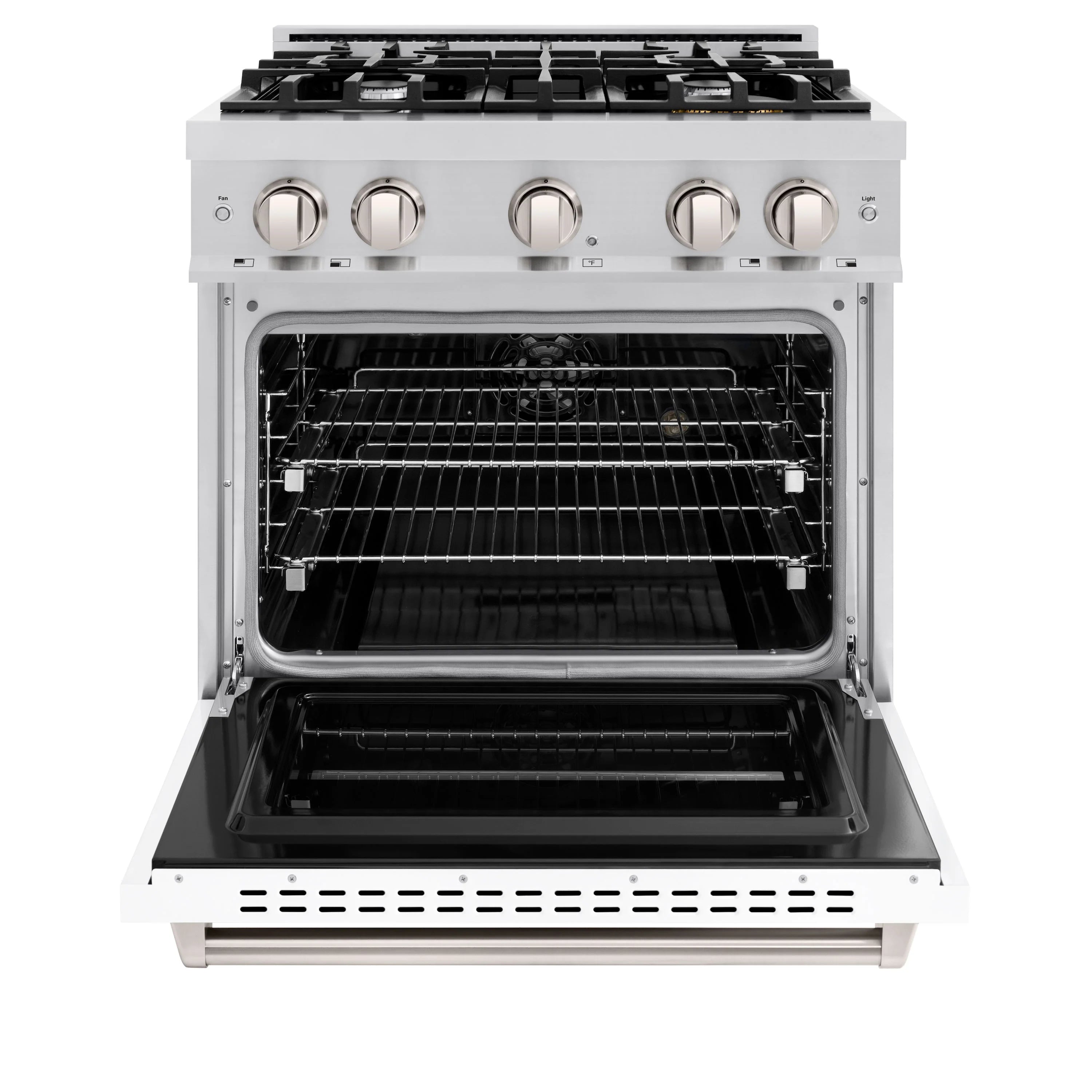 ZLINE dual fuel range with 4-burner gas cooktop and open electric convection oven