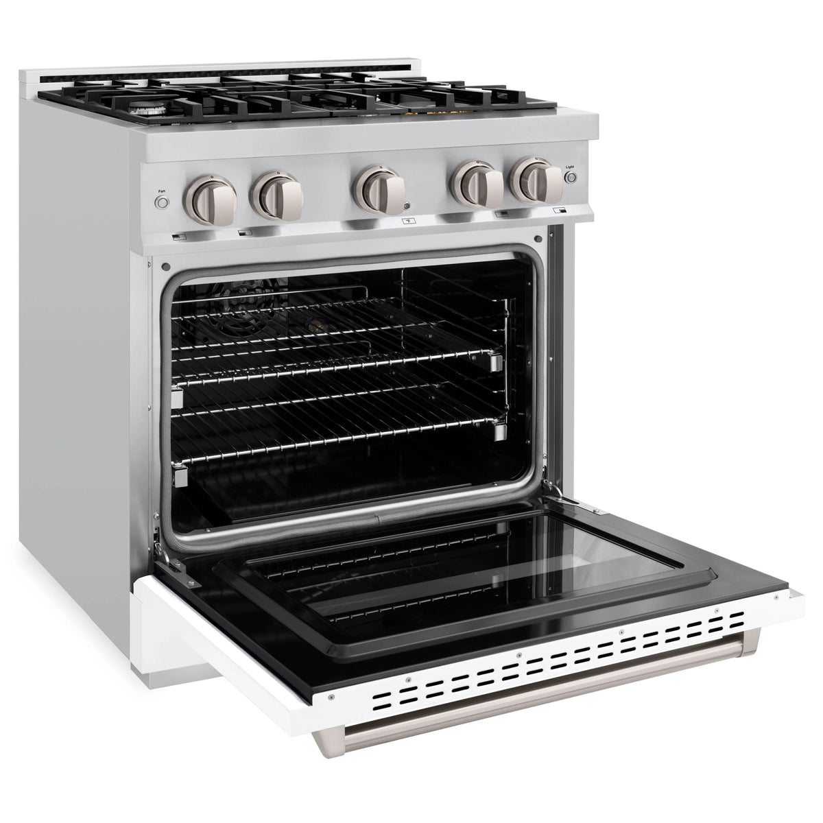 ZLINE dual fuel range with open convection oven, wire racks, and heating elements visible