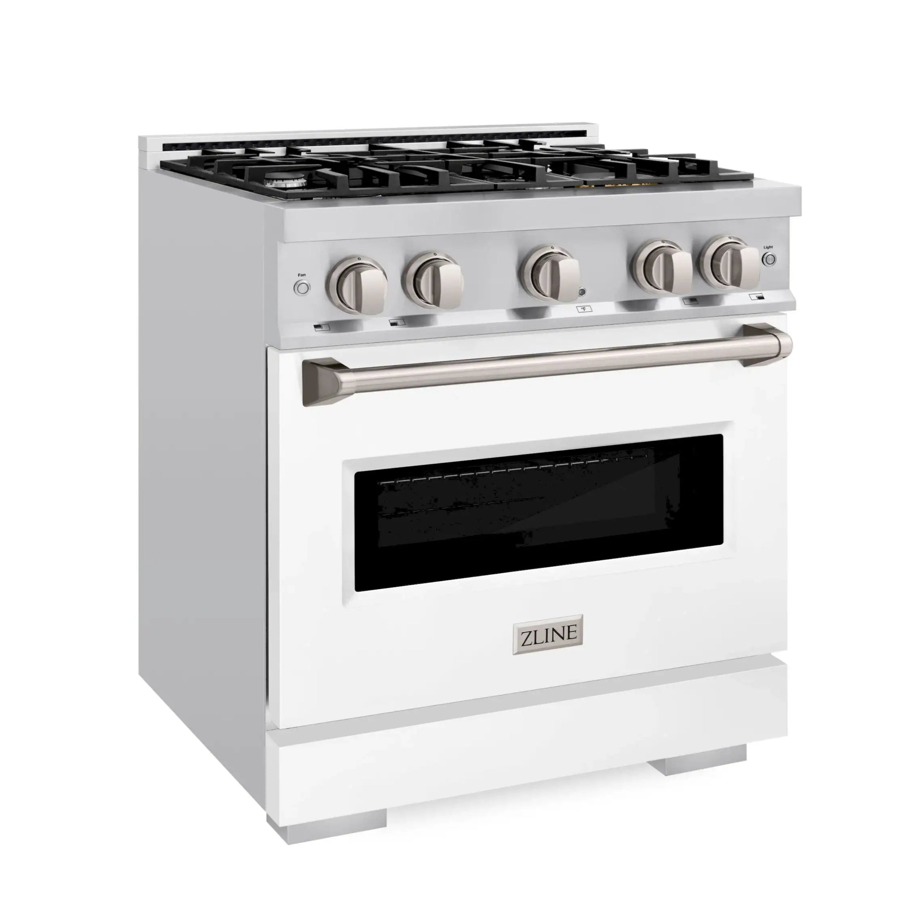 Stainless gas range with white matte door, front handle, and four-burner cooktop
