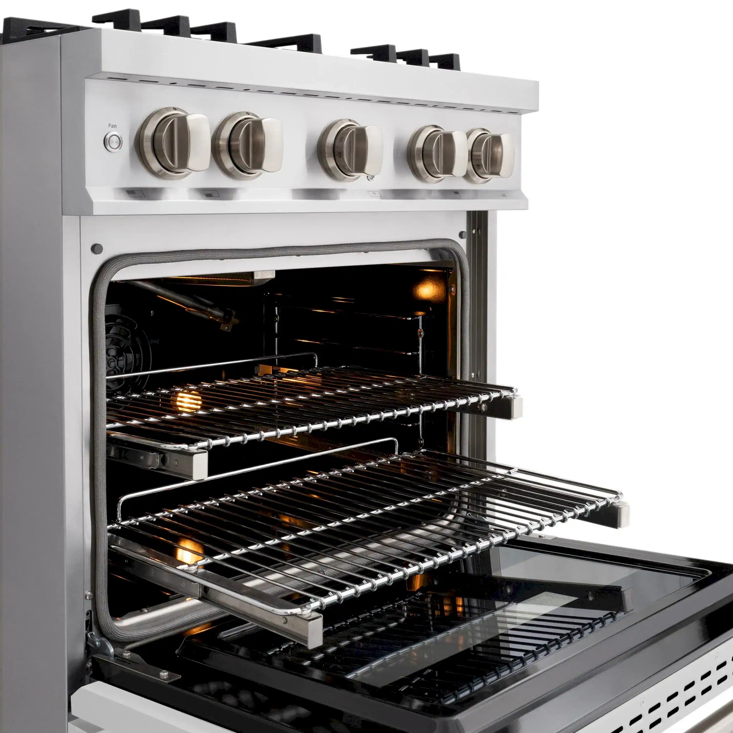 Gas oven door open with top and bottom racks, oven burners glowing inside