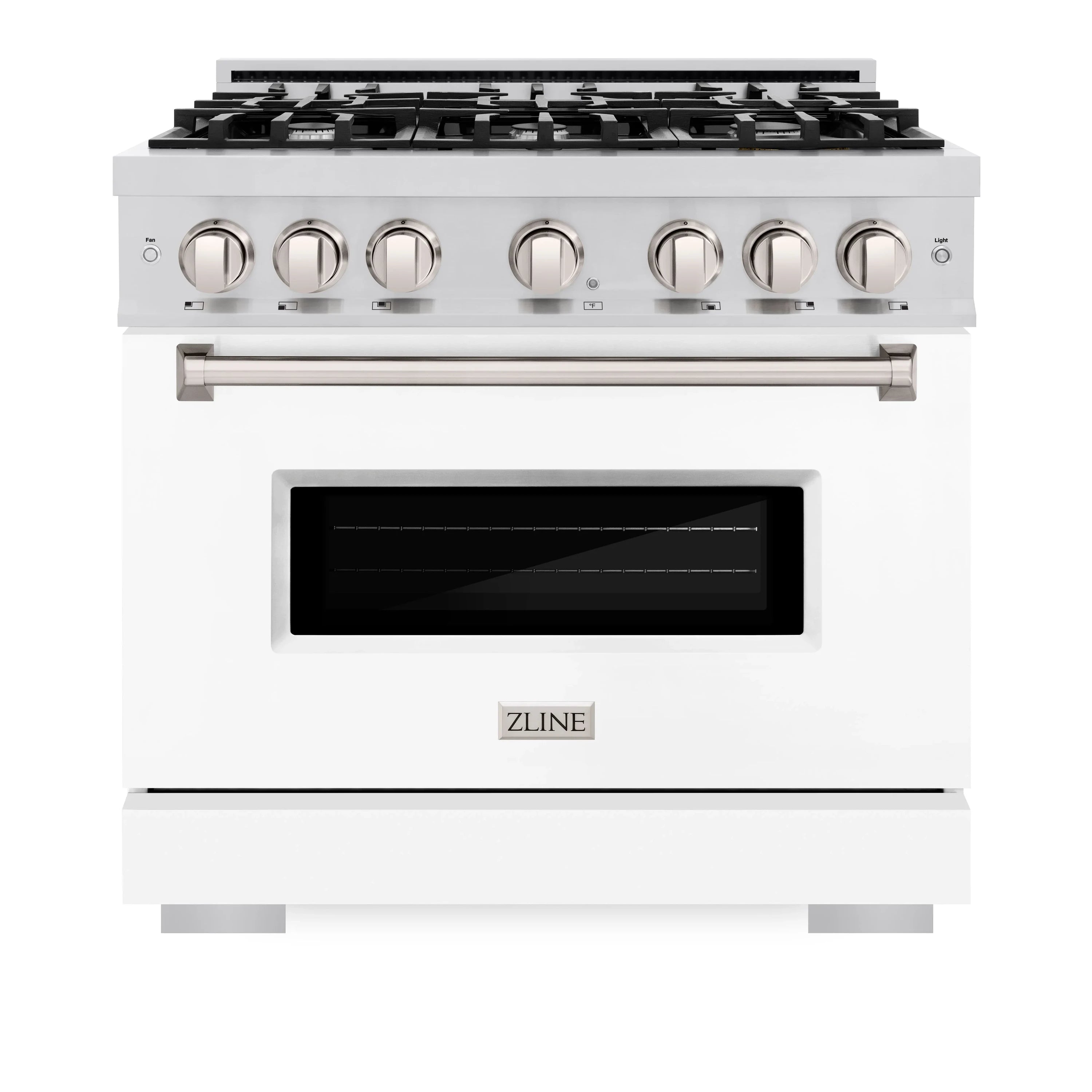 Gas range with black oven window, stainless knobs, and white matte oven door
