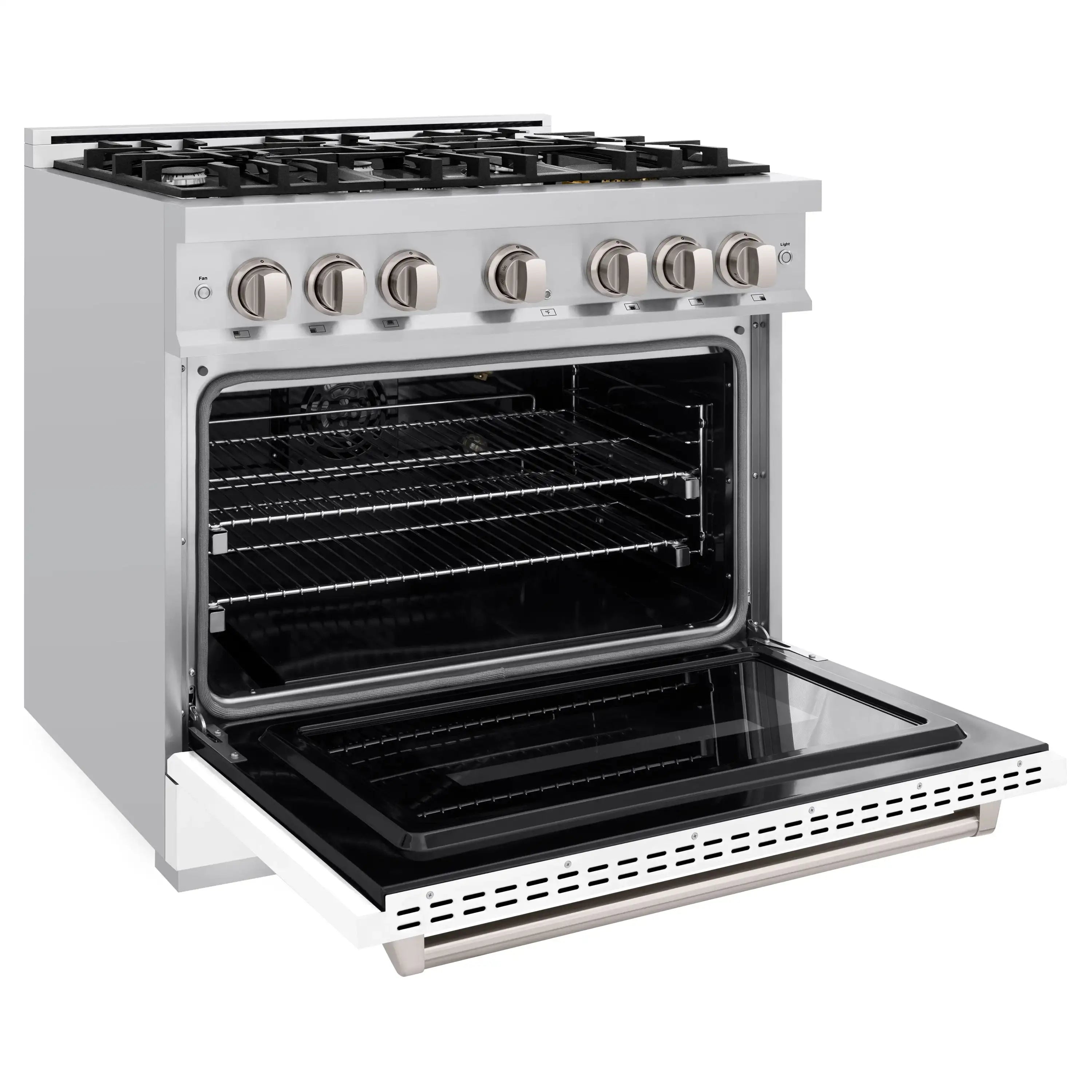 Gas range with open convection oven door and black racks, plus black cooktop grates