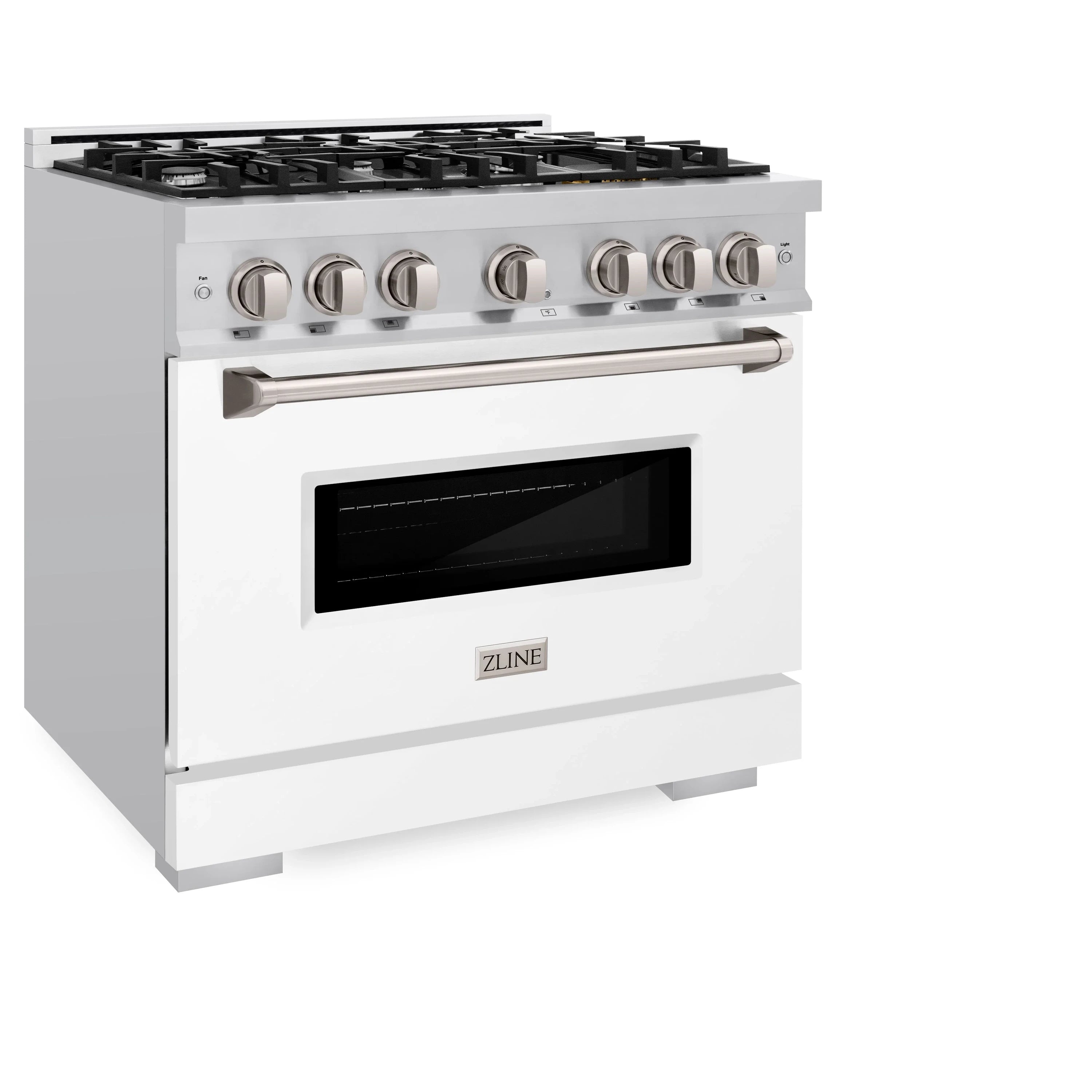 36-inch gas range with black cooktop grates and white matte oven door