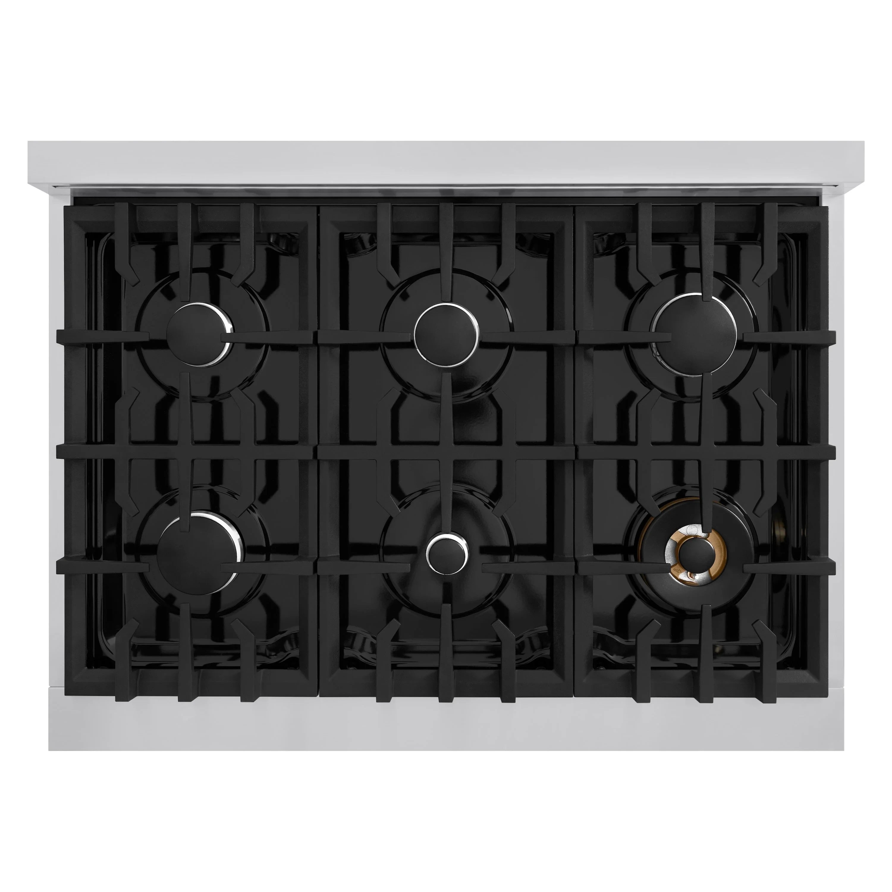 Gas cooktop with black burner grates and six burner positions on stainless panel