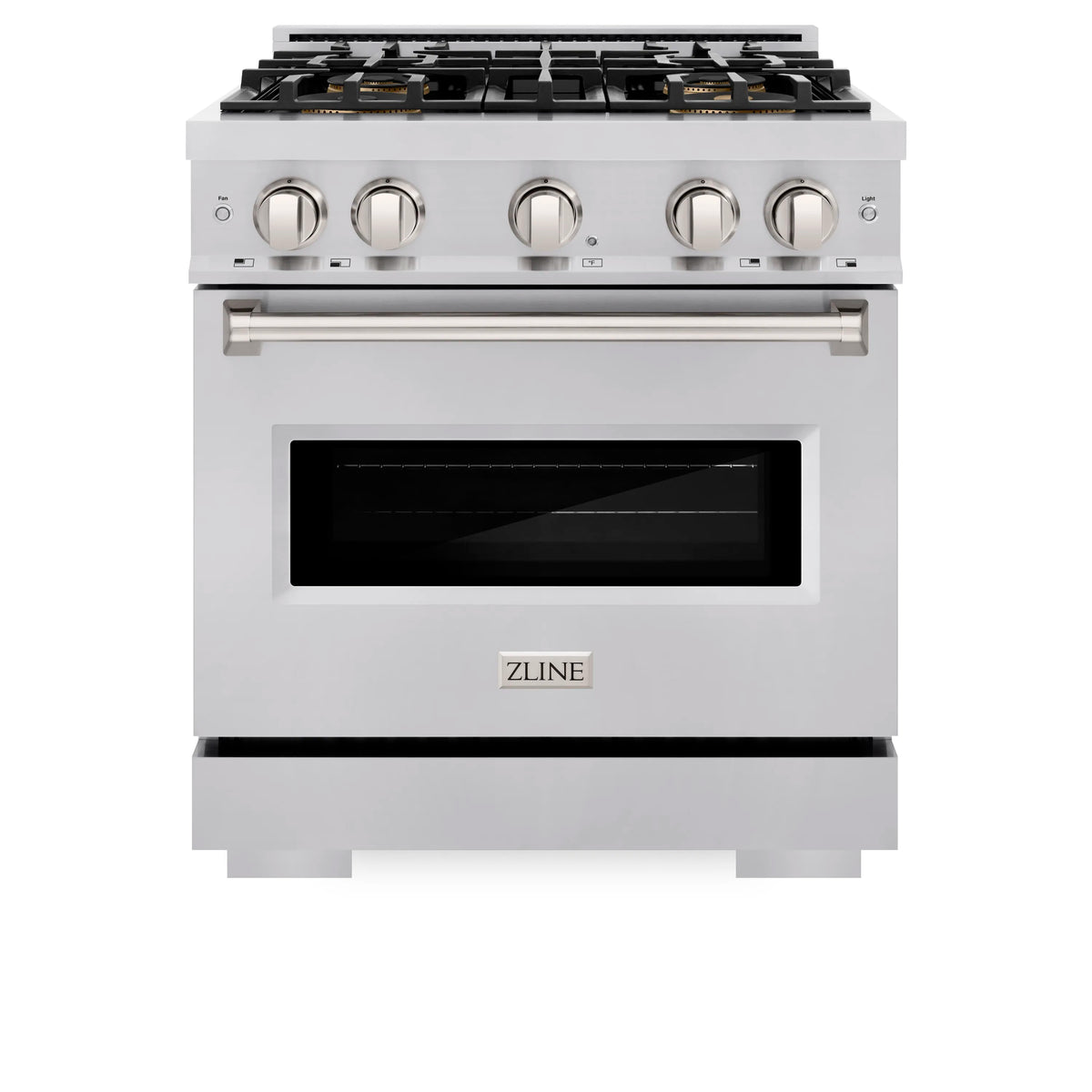 ZLINE dual fuel range front view with four front control knobs and black oven door