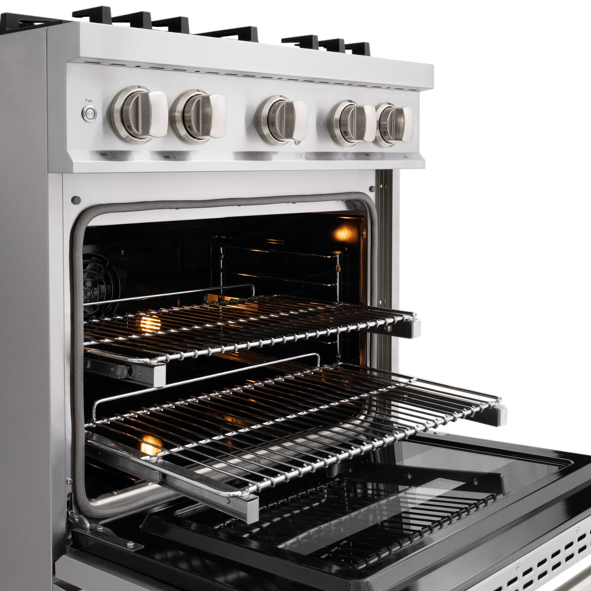 Stainless steel dual fuel range with open electric convection oven and four burner knobs